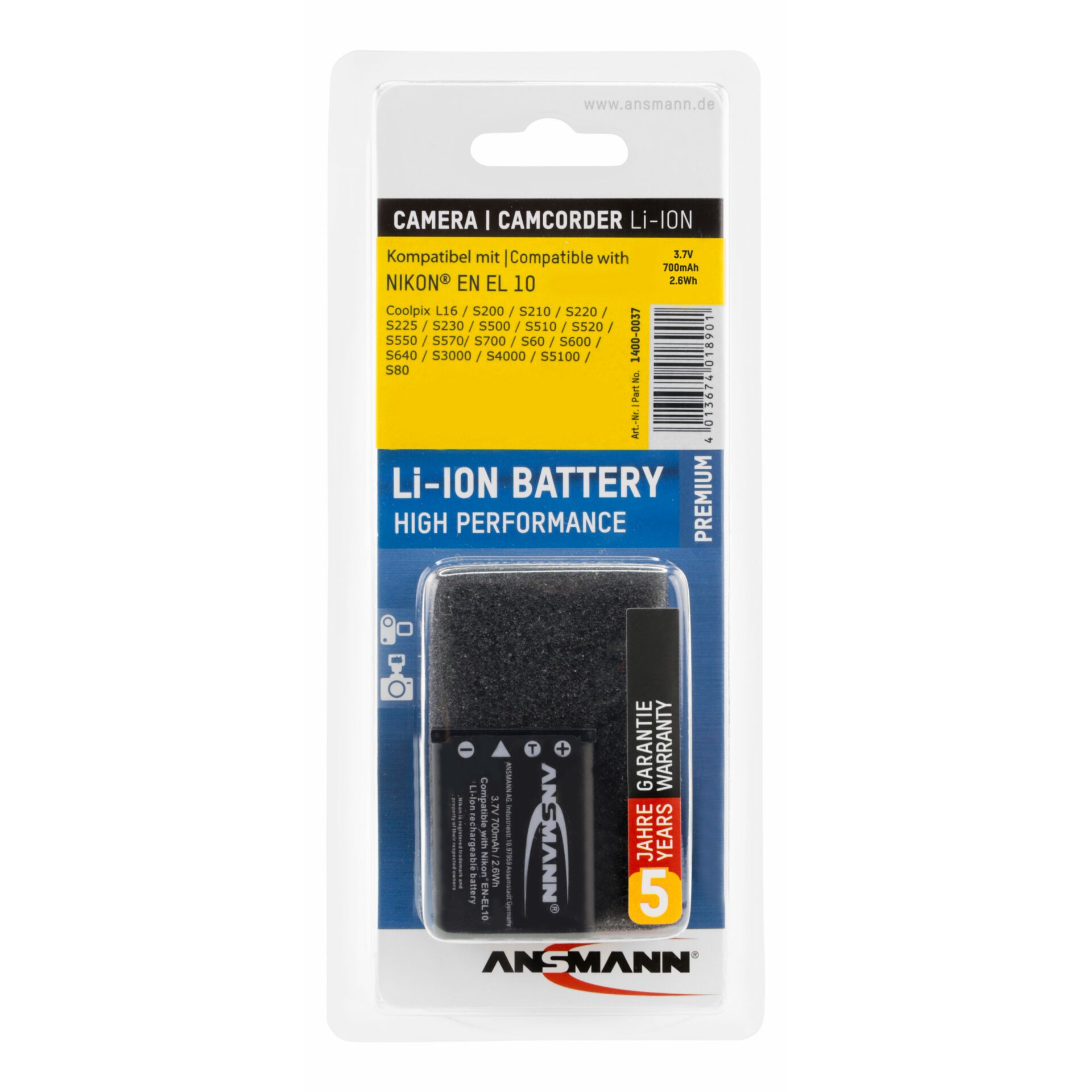 Verpackung eines Ansmann Li-Ion Akkus für NIKON EN EL 10 Kameras, 3,7V, 700mAh, kompatibel mit verschiedenen Coolpix Modellen, 5 Jahre Garantie