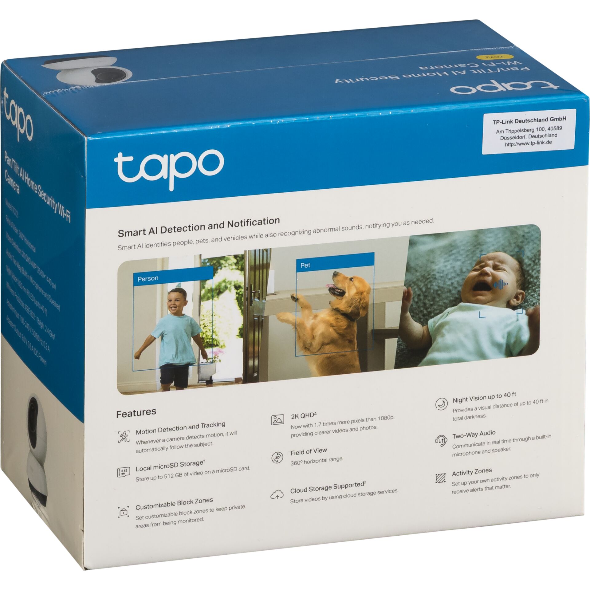 Verpackung der Tapo Pan/Tilt Home Security WLAN-Kamera mit Bildern von Personen- und Tiererkennung sowie Produktspezifikationen