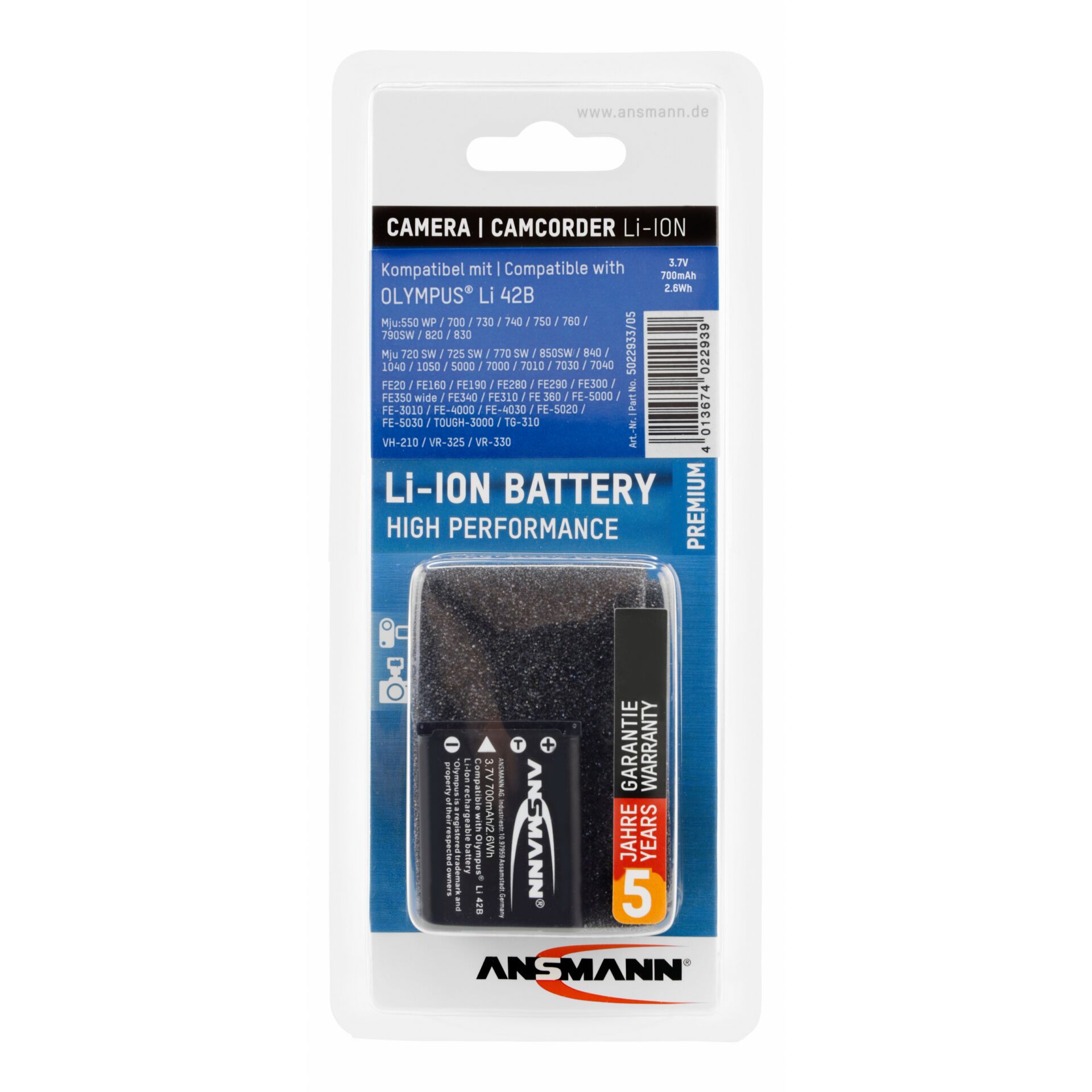 Verpackung der Ansmann Kamera Li-Ion Batterie, kompatibel mit Olympus Li-42B Modellen, 5 Jahre Garantie