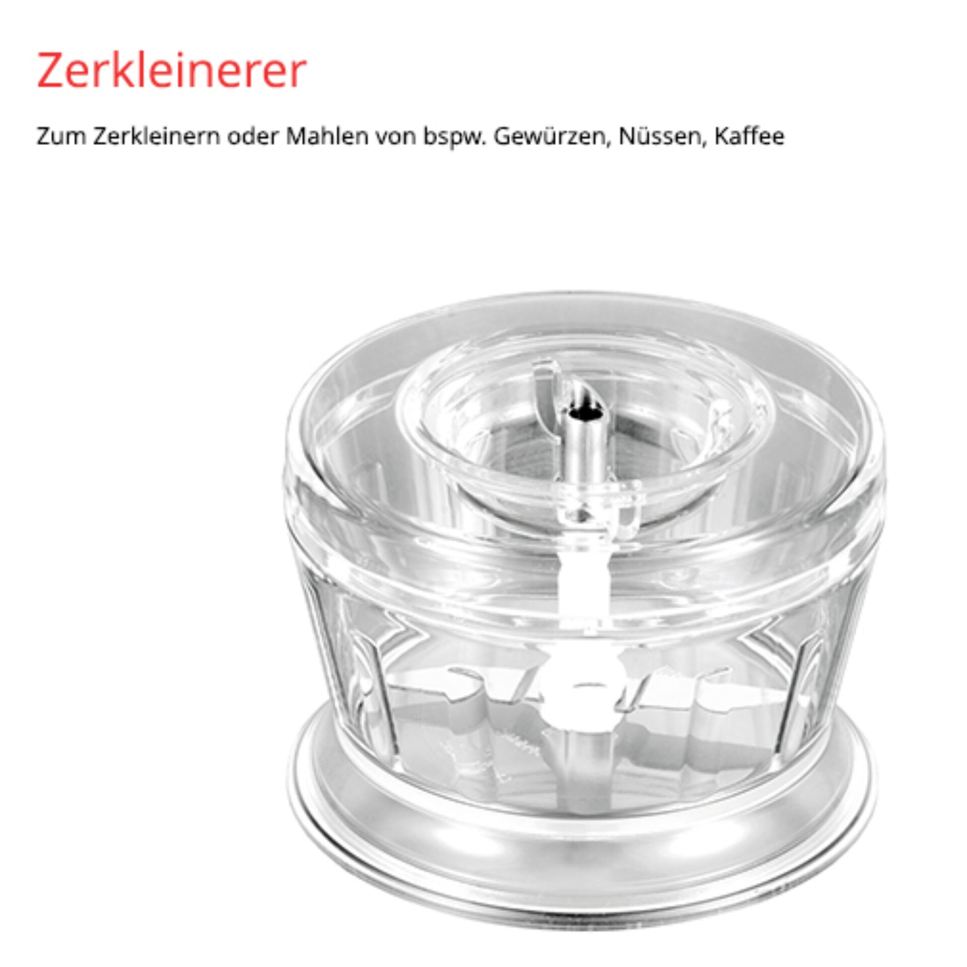 Zerkleinerer aus transparentem Material zum Mahlen von Gewürzen, Nüssen und Kaffee