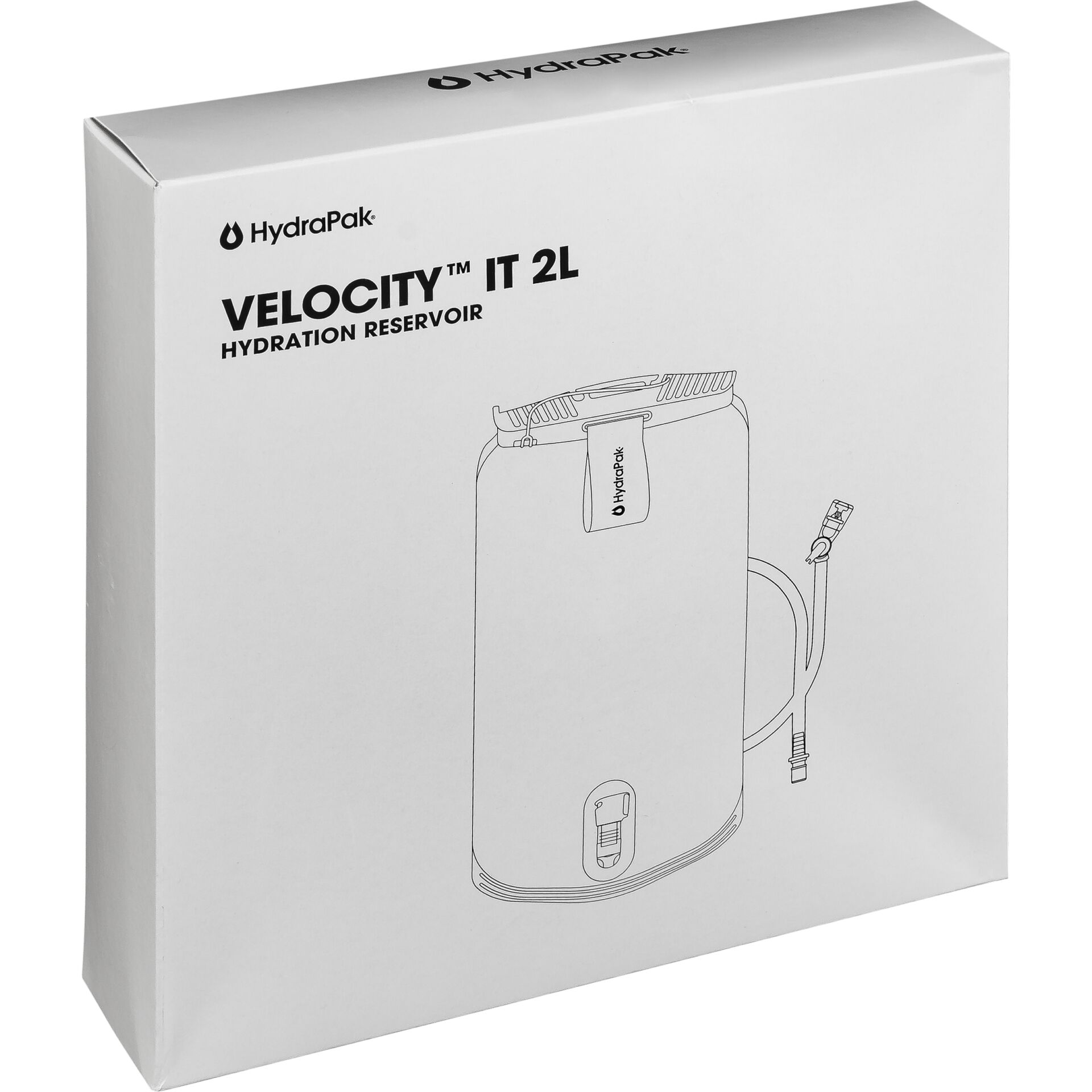 Verpackung des HydraPak Velocity IT 2L Trinksystems mit Abbildung des Produkts auf der Vorderseite