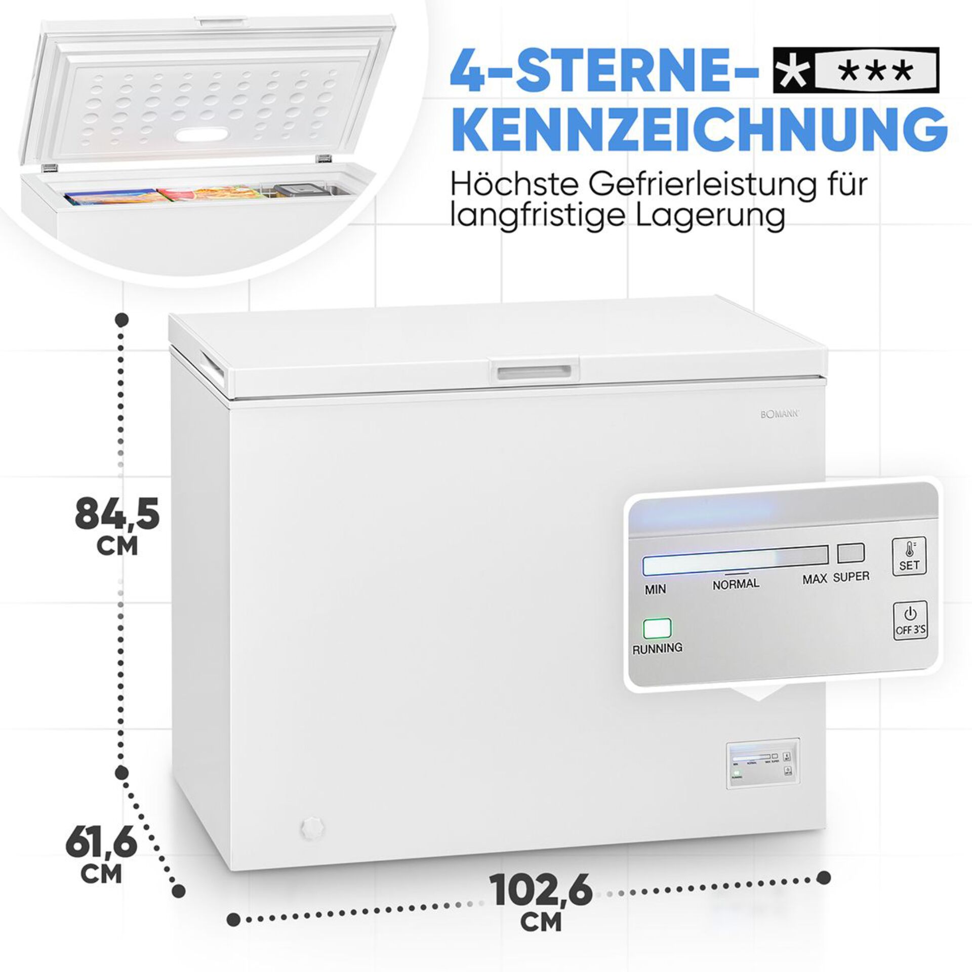 Gefriertruhe mit 4-Sterne-Kennzeichnung und Maße von 84,5 cm Höhe, 61,6 cm Breite, 102,6 cm Tiefe; Ideal für effektive Gefrierleistung.
