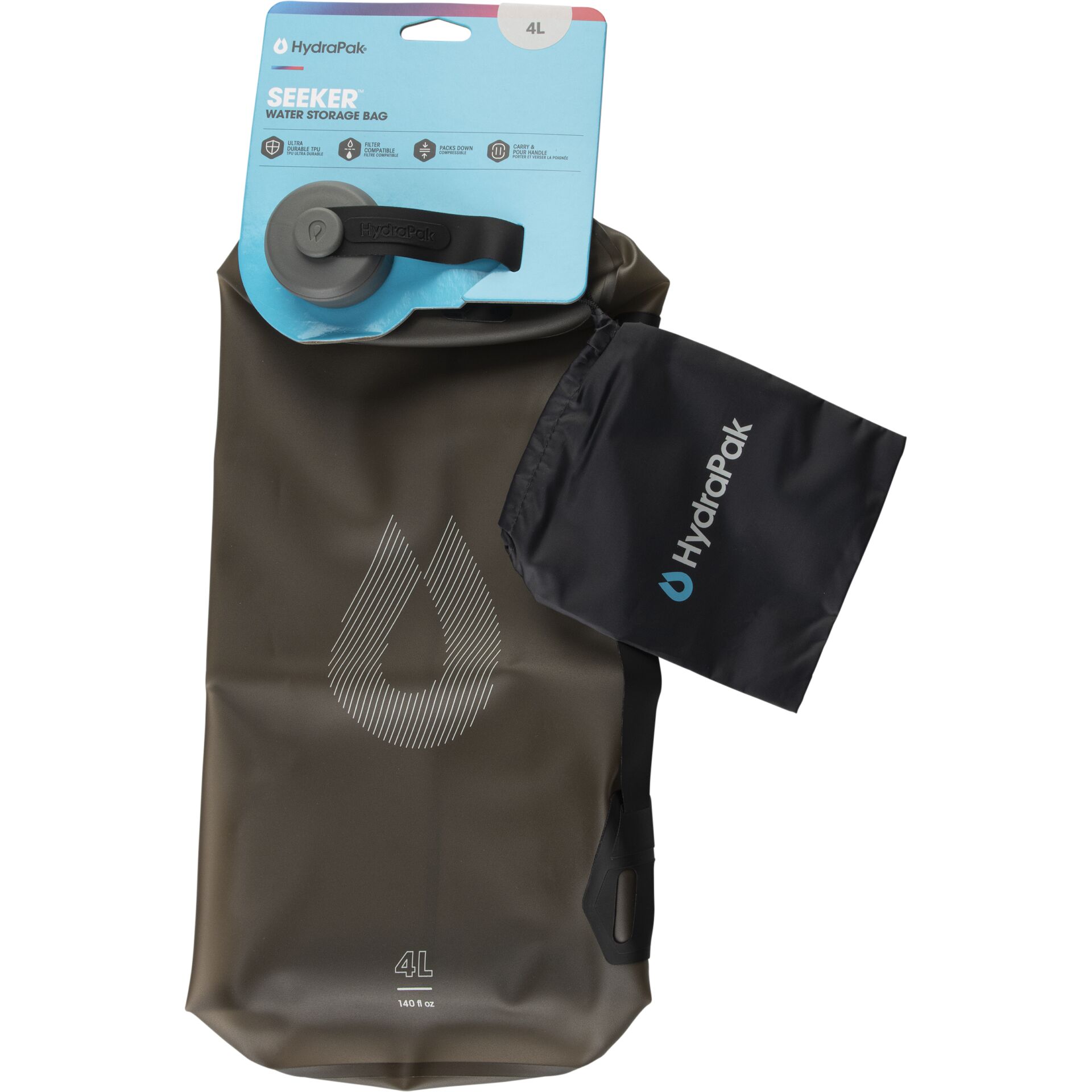 HydraPak Seeker 4L Wasserbeutel und schwarze Aufbewahrungstasche, ideal für Outdoor-Abenteuer.