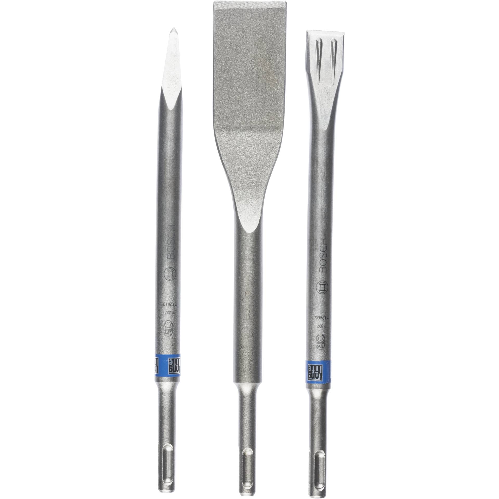 Drei verschiedene Meißel von Bosch: ein Spitzmeißel, ein Flachmeißel und ein Fliesenmeißel aus Stahl, geeignet für Bohrhämmer mit SDS-Plus-Aufnahme.