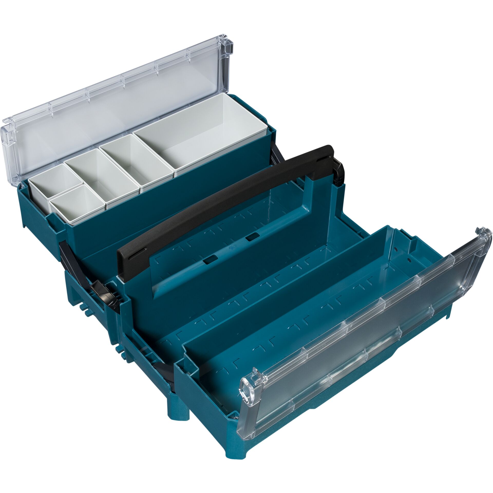Vielseitiger Werkzeugkasten mit transparentem Deckel Geöffneter Werkzeugkasten mit mehreren Fächern und transparentem Deckel