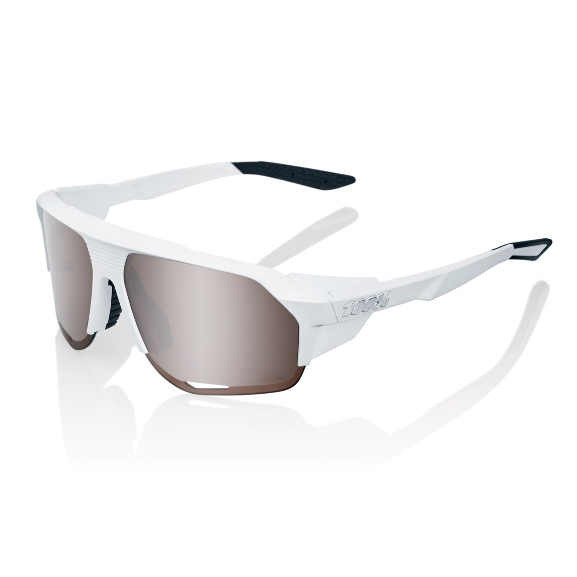 Weiße Sportsonnenbrille mit verspiegelten Gläsern und markantem Design in seitlicher Ansicht