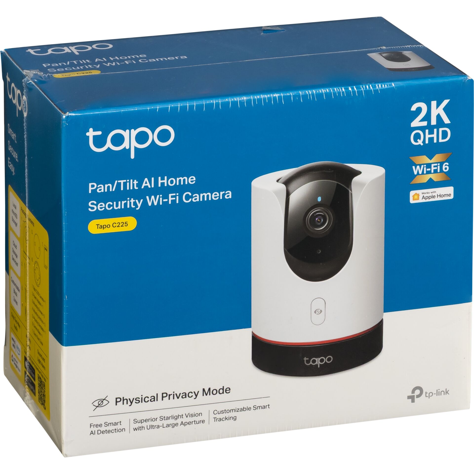 Verpackung der Tapo C225 2K QHD WLAN-Sicherheitskamera mit Schwenk-/Neigefunktion und Unterstützung für Apple Home