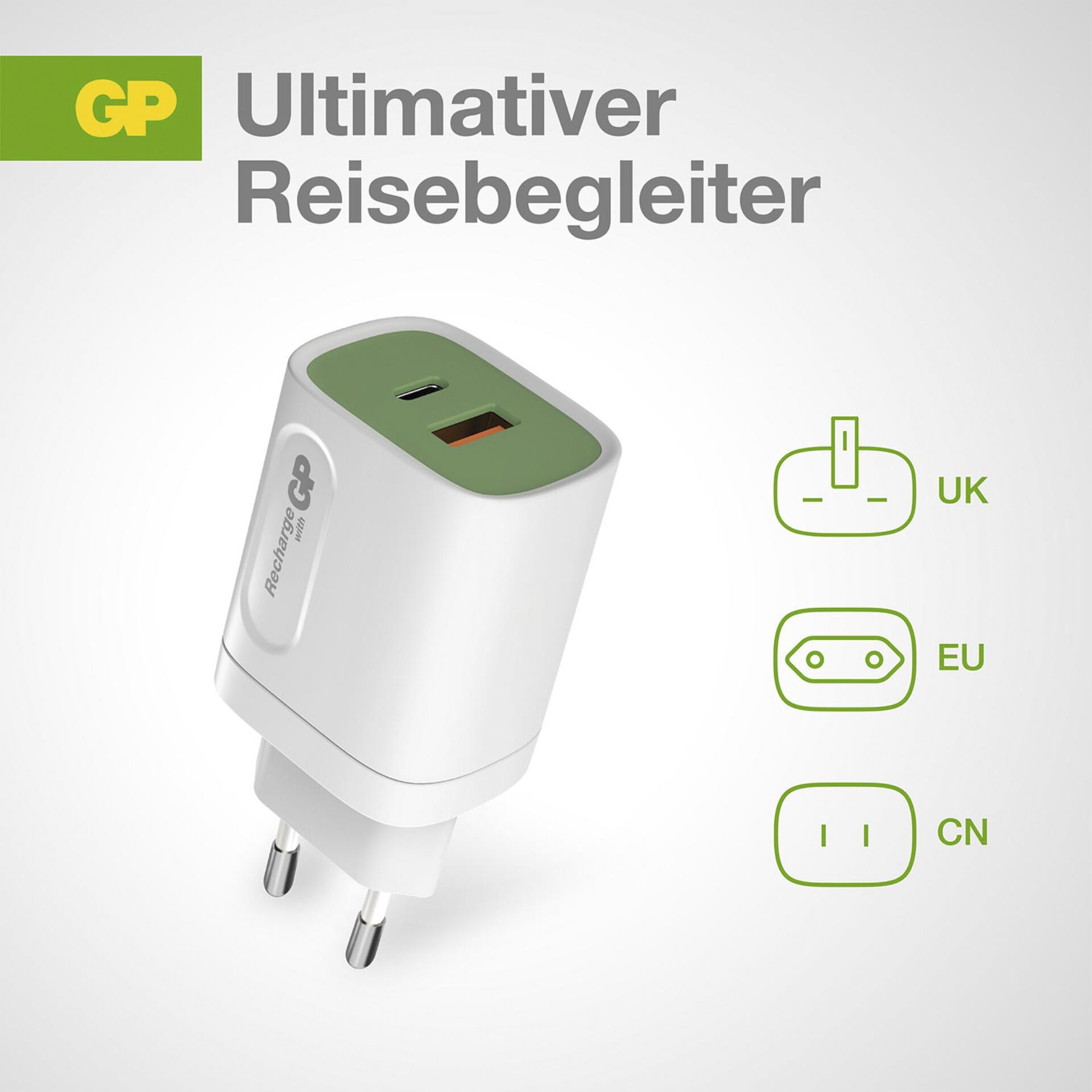 GP 20W USB-A & USB-C Ladestecker inkl. Adapter für EU,CN und UK