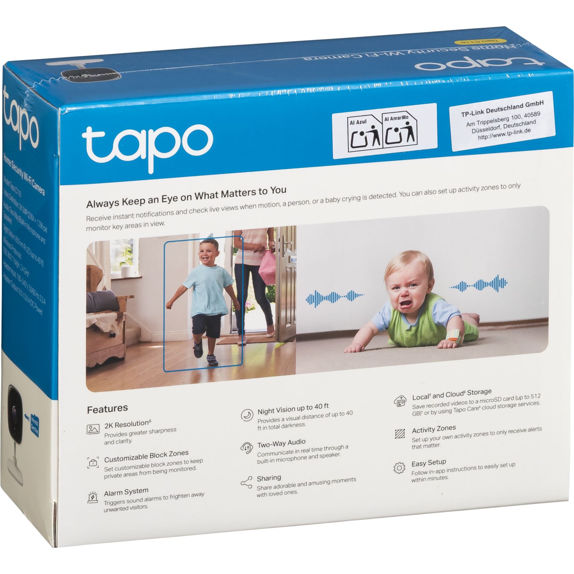 Verpackung der Tapo Sicherheitskamera mit einem Kind und einem krabbelnden Baby zur Veranschaulichung der Bewegungserkennung, Funktionen wie Zwei-Wege-Audio und anpassbare Aktivitätszonen.