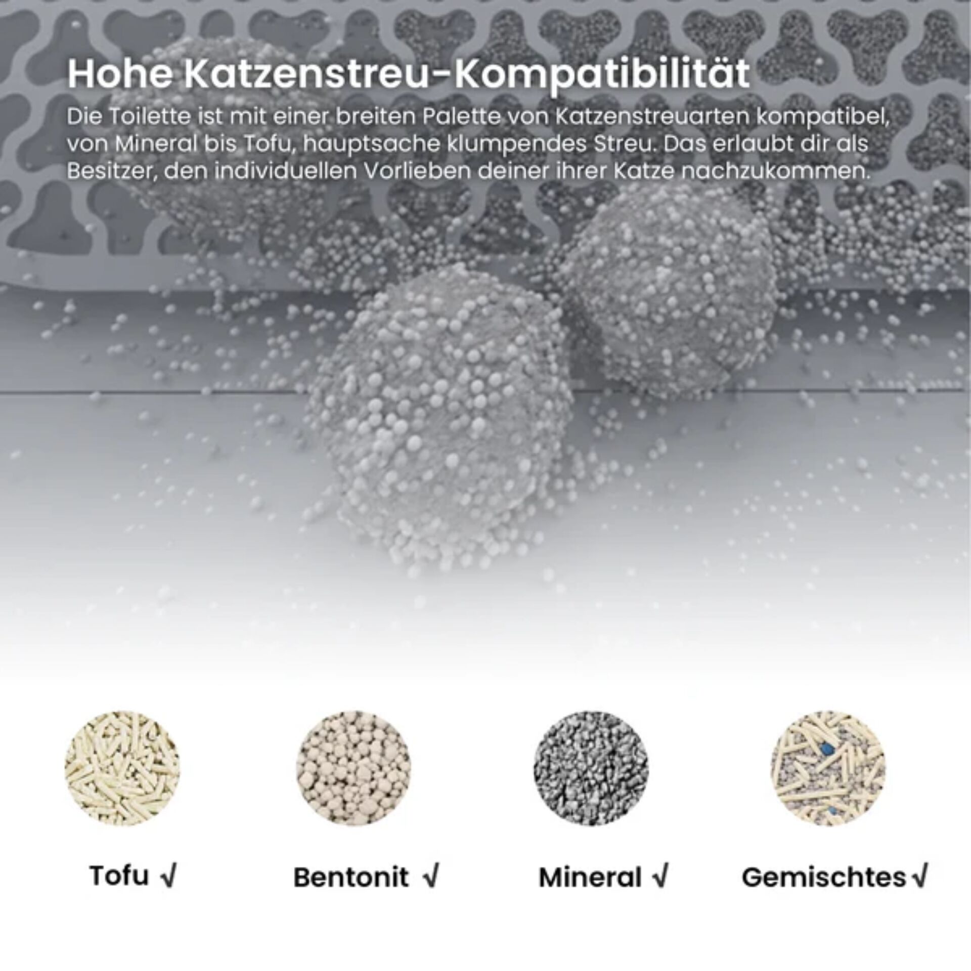 Verschiedene Katzenstreusorten wie Tofu, Bentonit, Mineral und Gemischtes, kompatibel mit Katzentoilette.