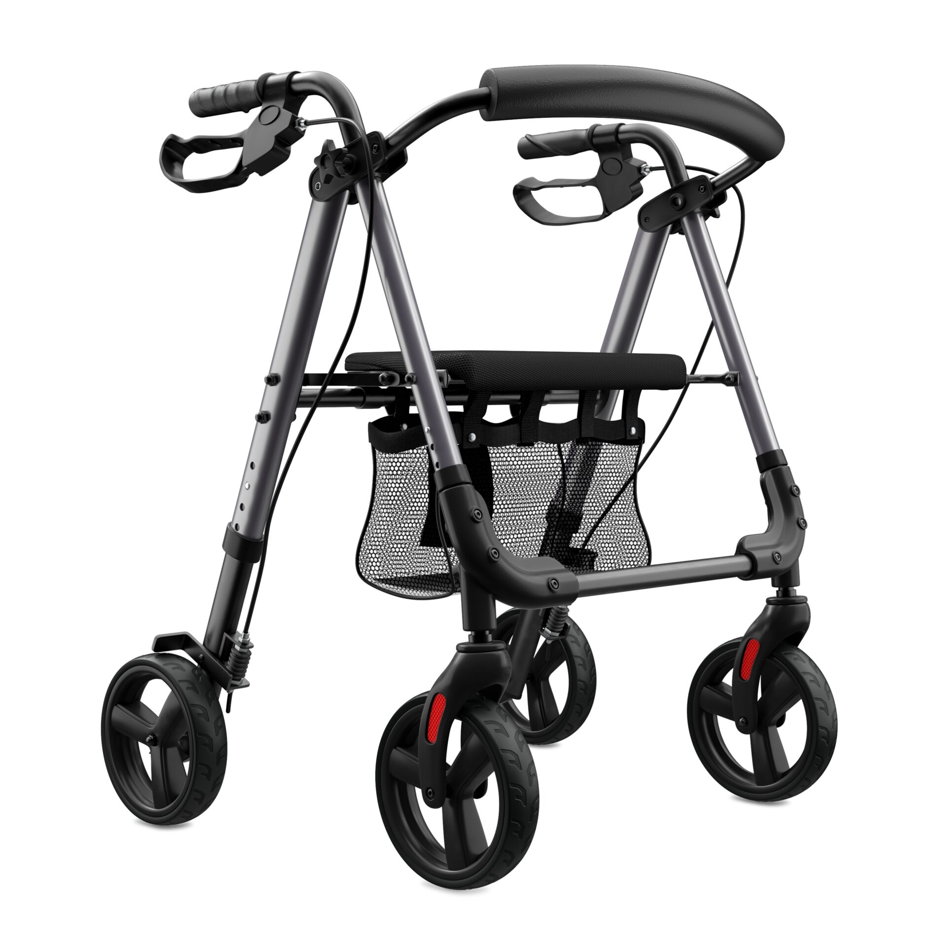 Ein moderner Rollator mit vier Rädern, Sitzmöglichkeit und integriertem Einkaufskorb.