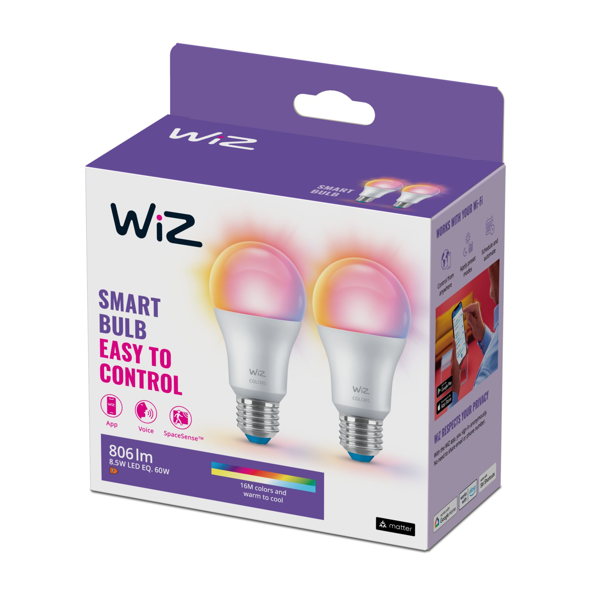 WiZ White & Color 60W E27 A60 Bulb Tunable Doppelpack eaf5ae2b4a4183f27bbe76d97a73263b