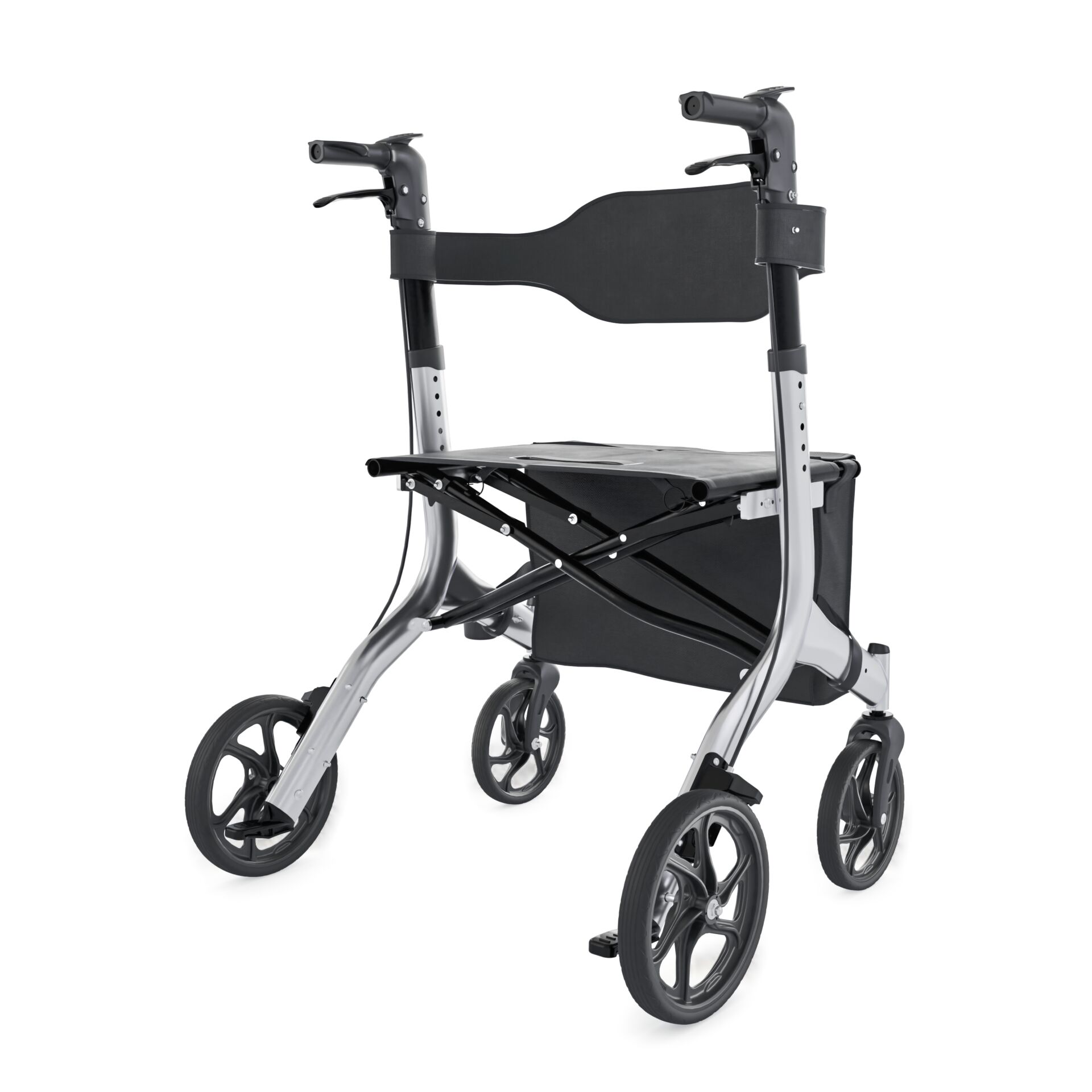 Moderner Rollator mit großem Sitz, ergonomischen Griffen und integrierter Einkaufstasche