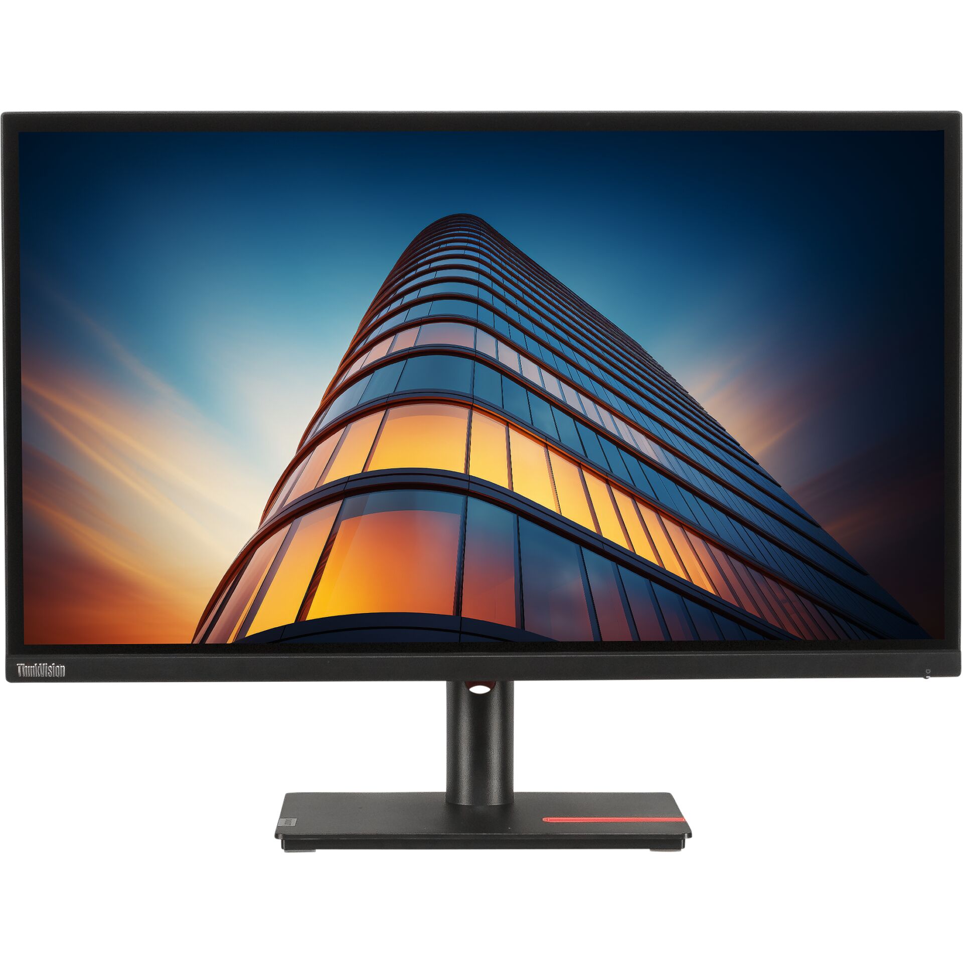 Ein Monitor zeigt ein modernes Gebäude mit geschwungenen Glasfassaden im Sonnenuntergang.