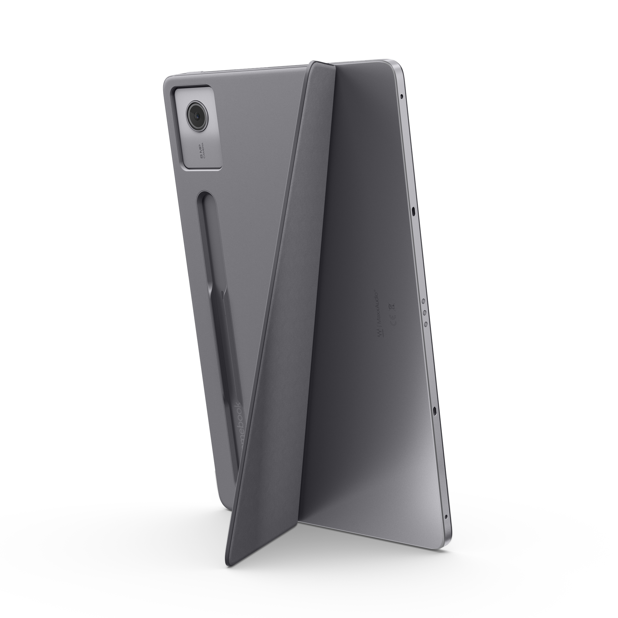 Silbernes Tablet mit Schutzhülle, rückseitige Ansicht