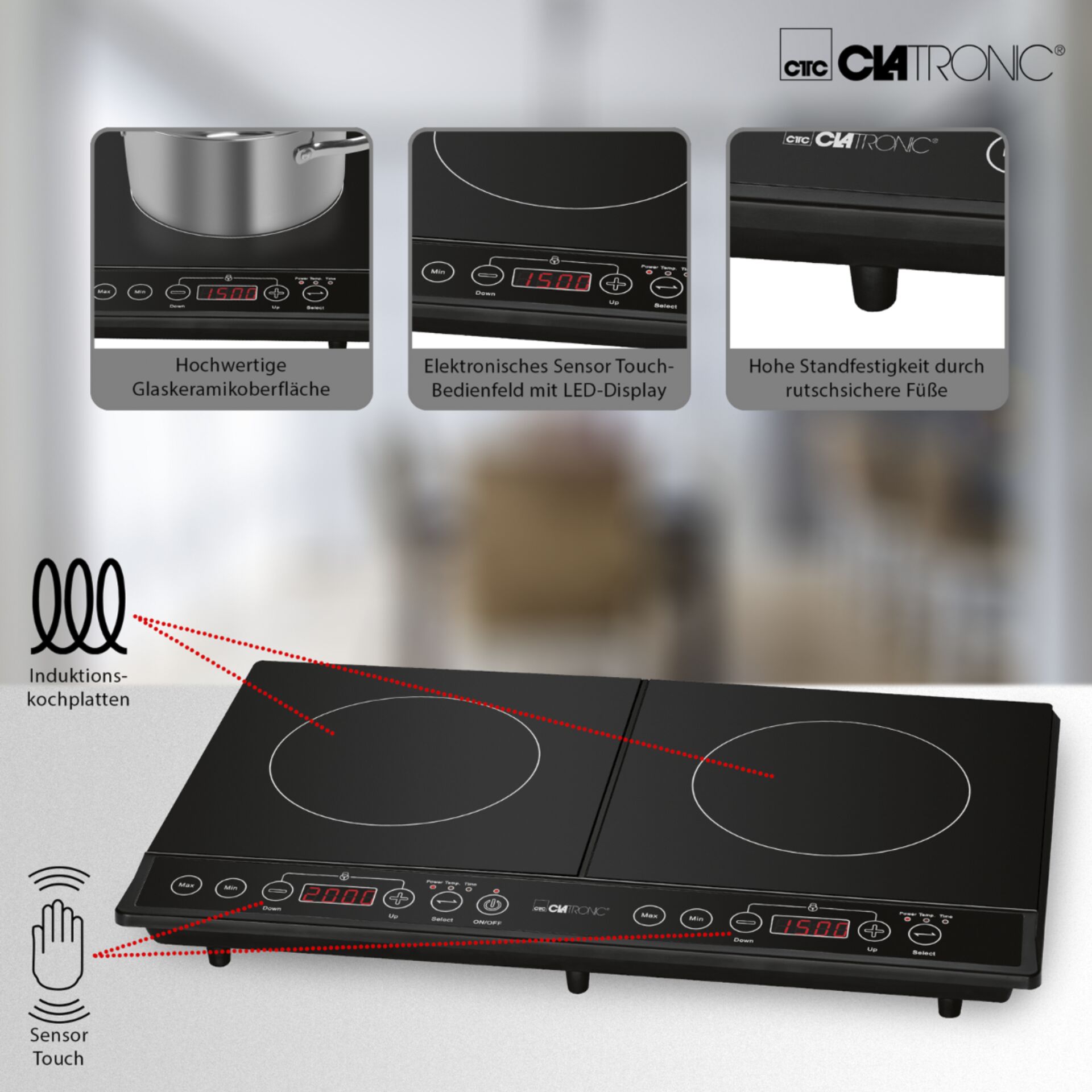 Clatronic DKI 3609 schwarz Induktions-Doppelkochplatte