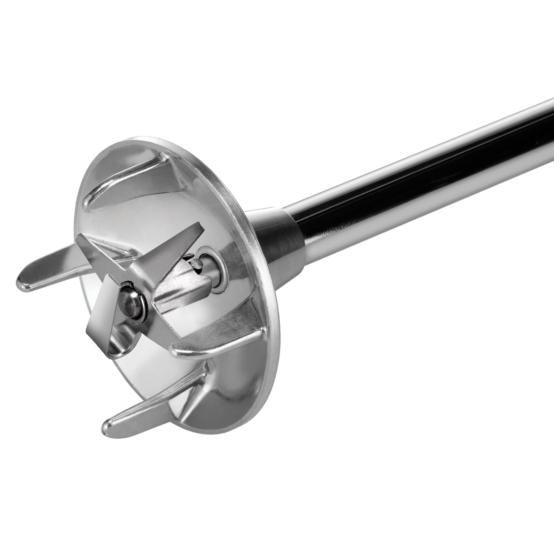 Nahaufnahme einer Edelstahlklinge eines Stabmixers, ideal für das Mixen von Zutaten in der Küche