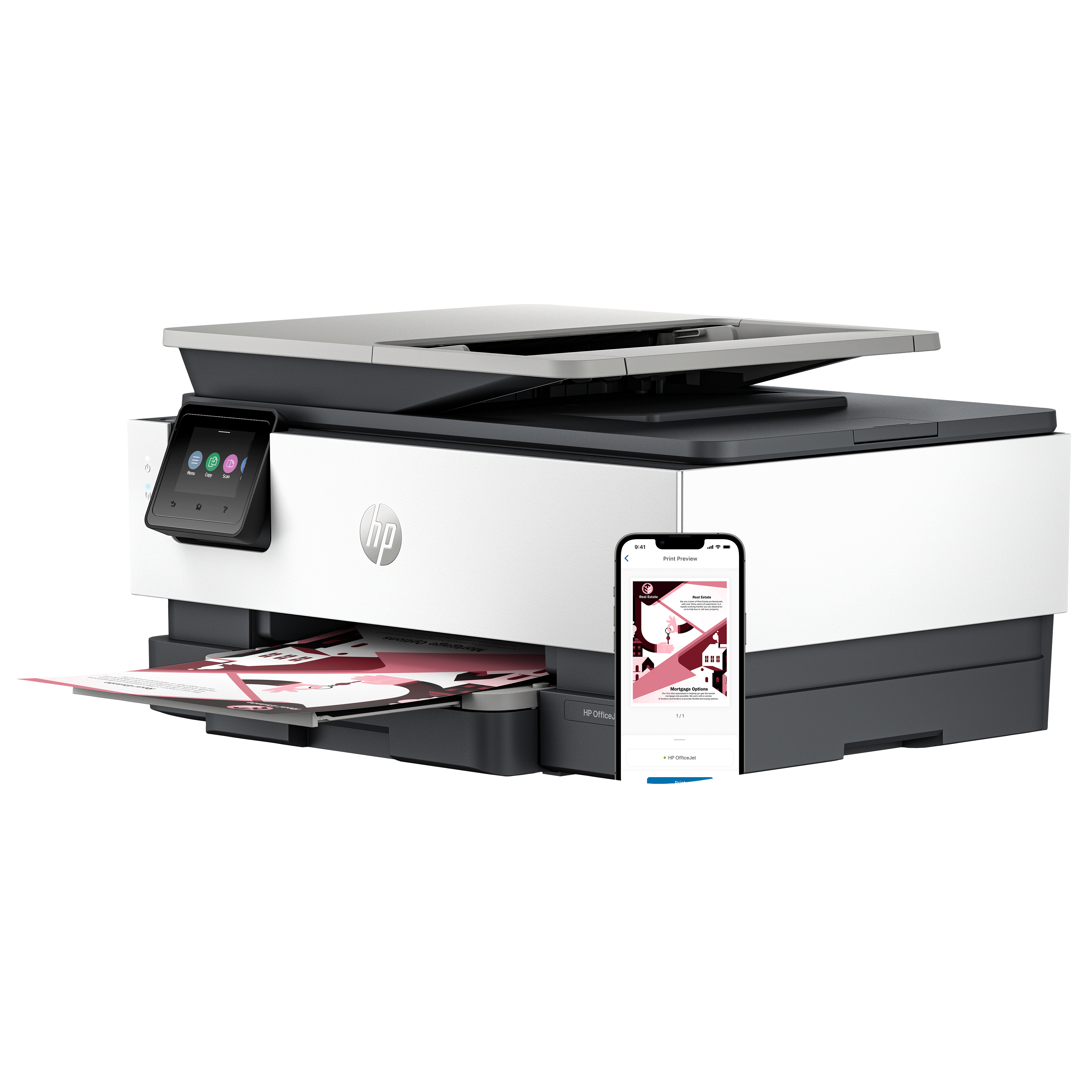 Moderner All-in-One Drucker mit Smartphone, der kabellos Druckaufträge empfängt
