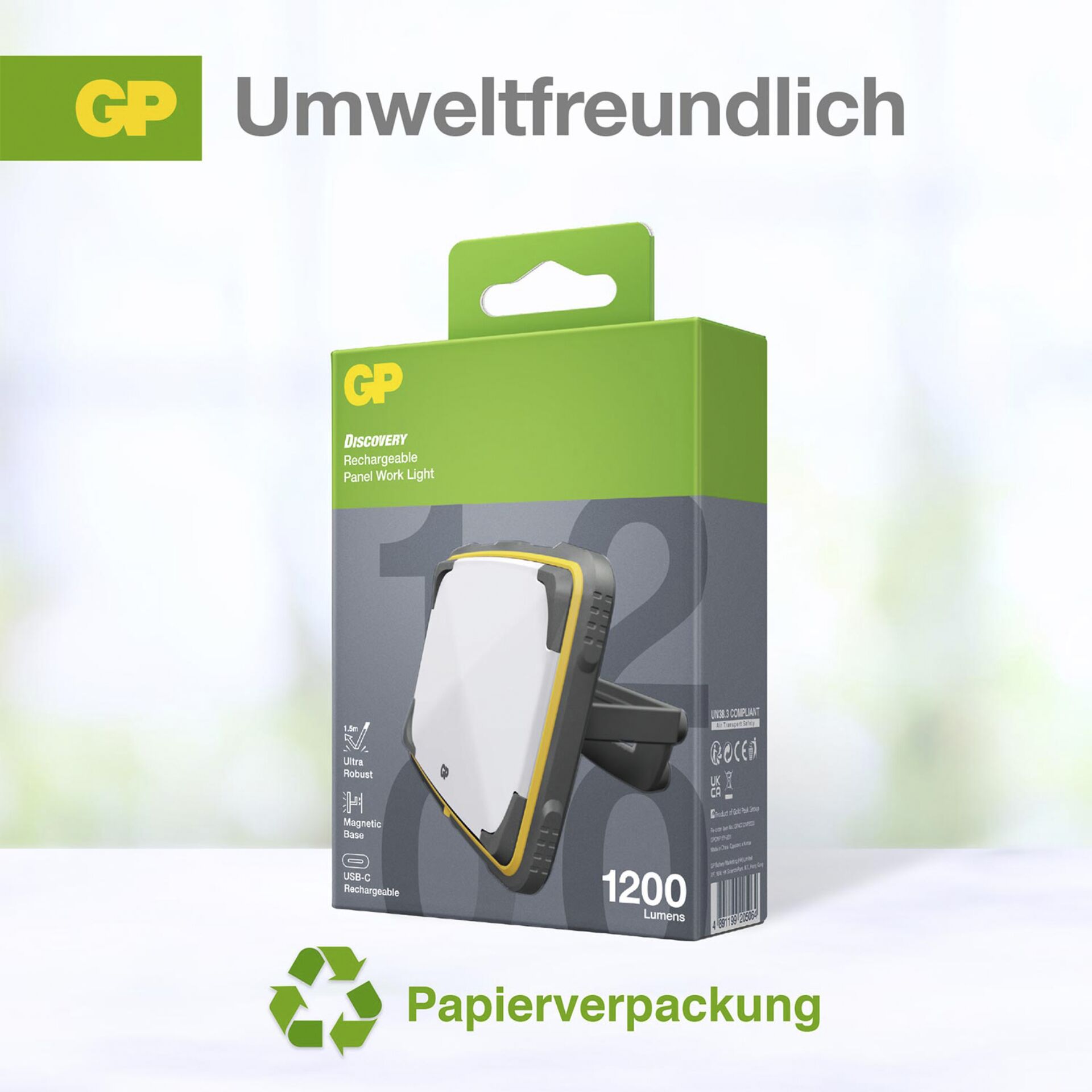 GP Panel Light Arbeitsleuchte 1200 Lumen, IPX7, USB-C, 2x18650