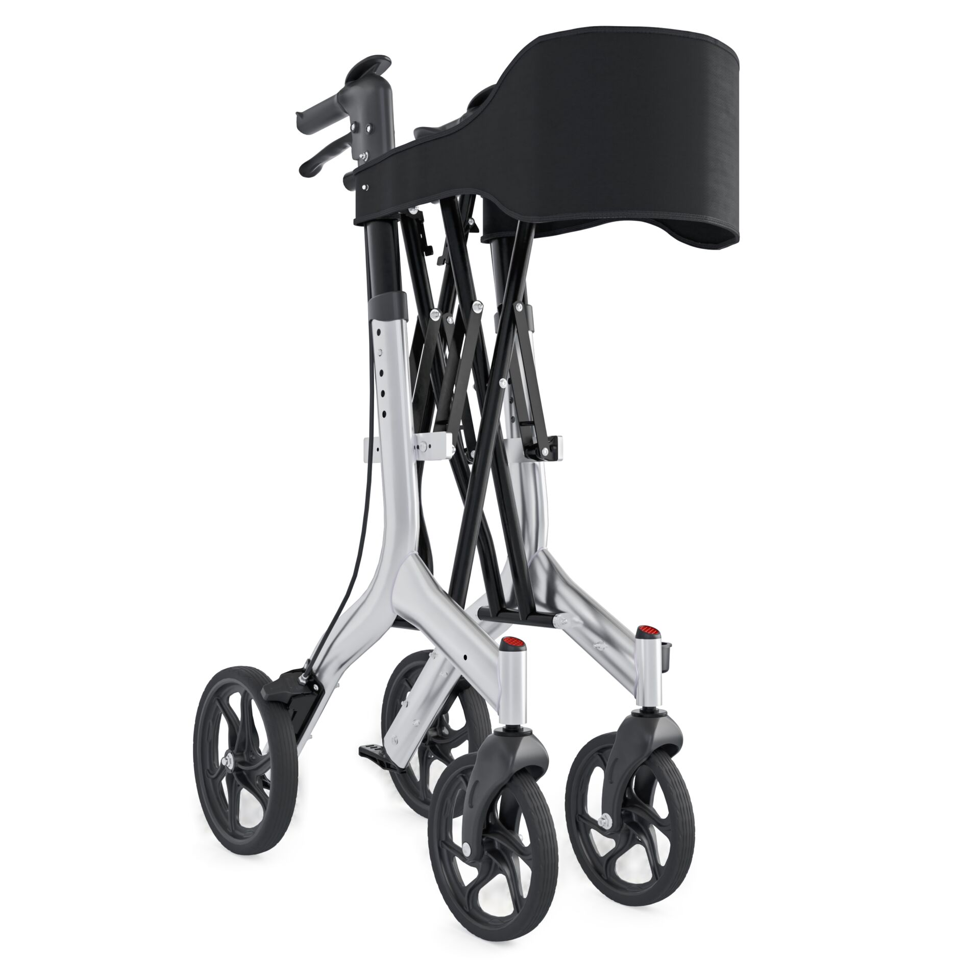 Klappbarer Rollator mit vier Rädern und schwarzem Sitz für erleichterte Mobilität