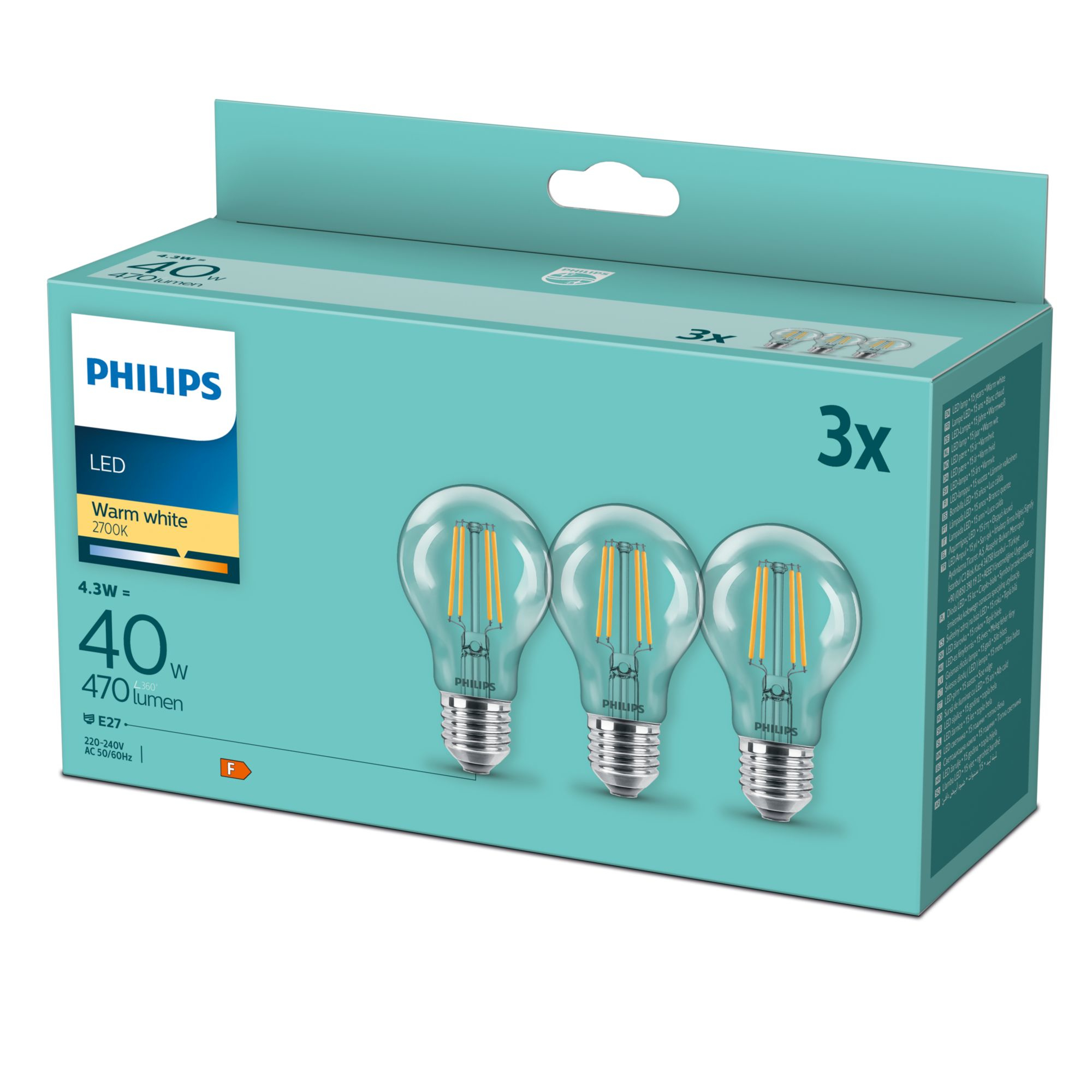 Philips LED classic Lampe 40W E27 Warmweiß 470lm klar 3er P 79742691_2475649279