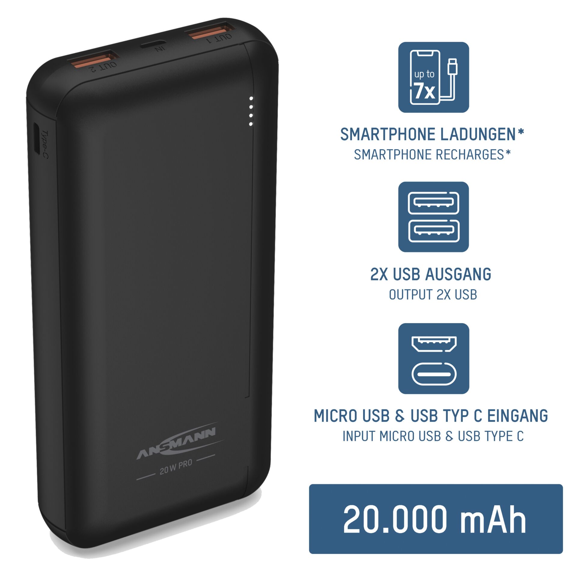 Ansmann Powerbank 20.000 mAh PB320PD USB-C Ein/Ausg.1700-0147