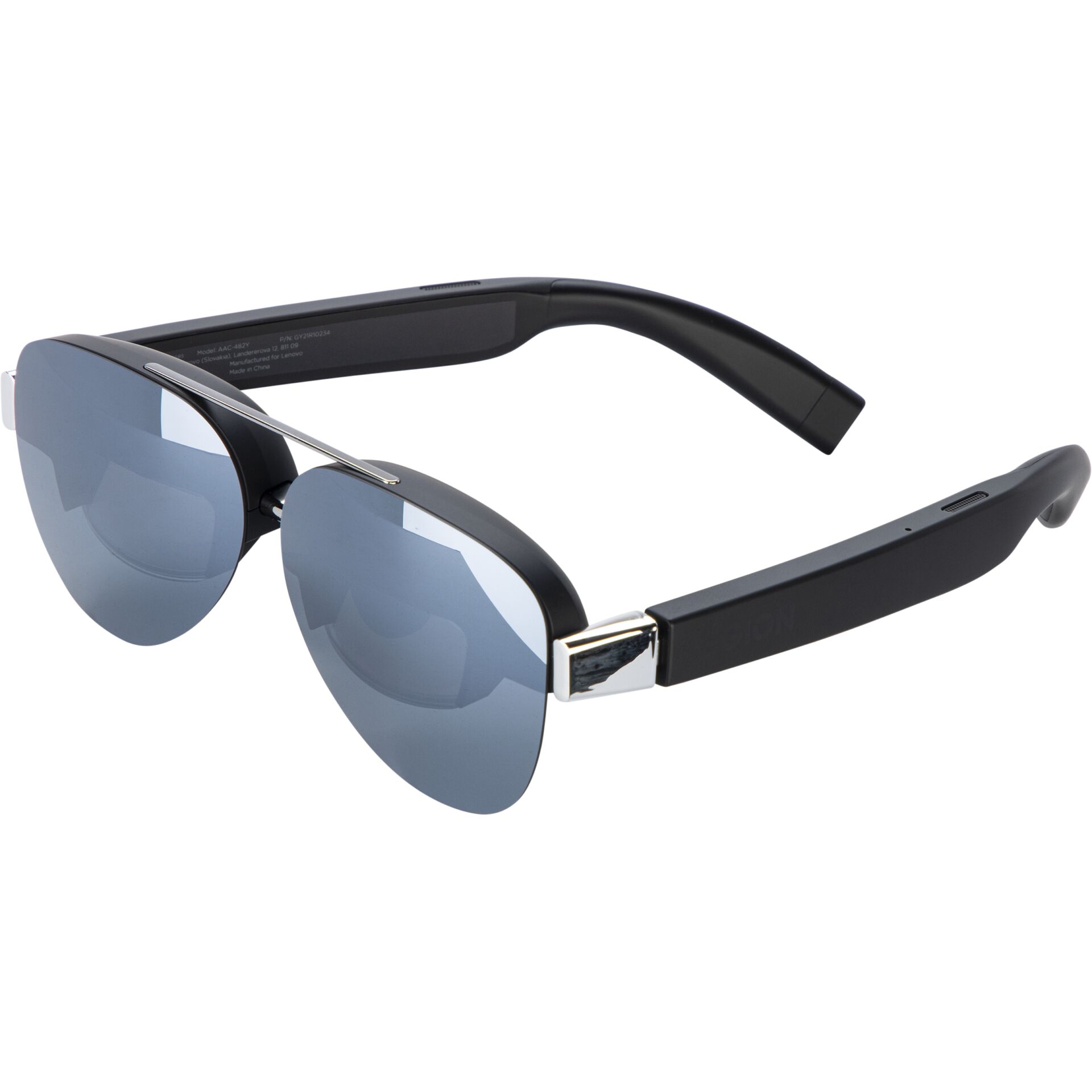 Sonnenbrille mit schwarzem Rahmen und blauen Gläsern in modernem Design