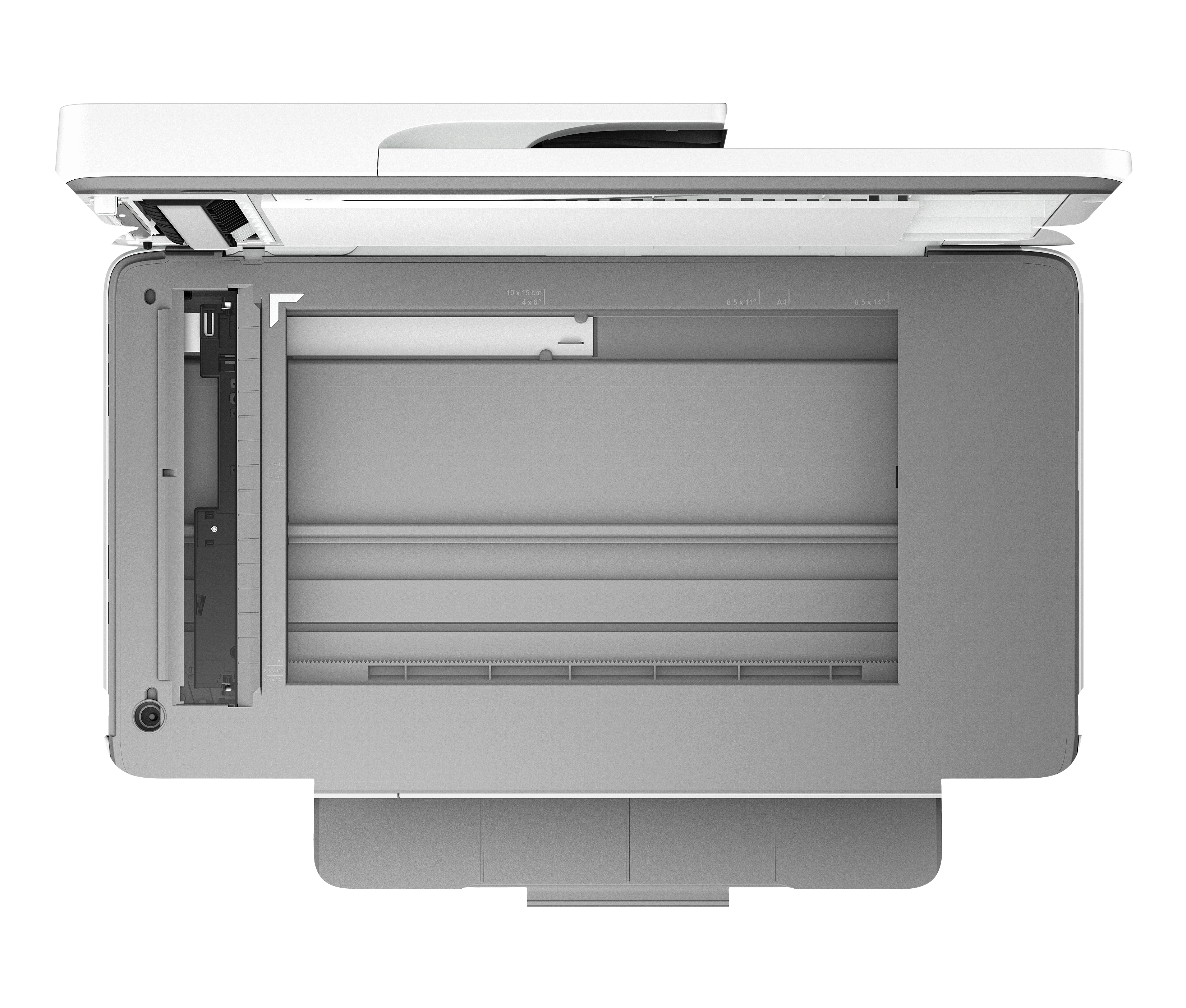 Grafische Draufsicht auf einen modernen Multifunktionsdrucker mit geöffnetem Deckel, zeigt den Scannerbereich und Papierfach.