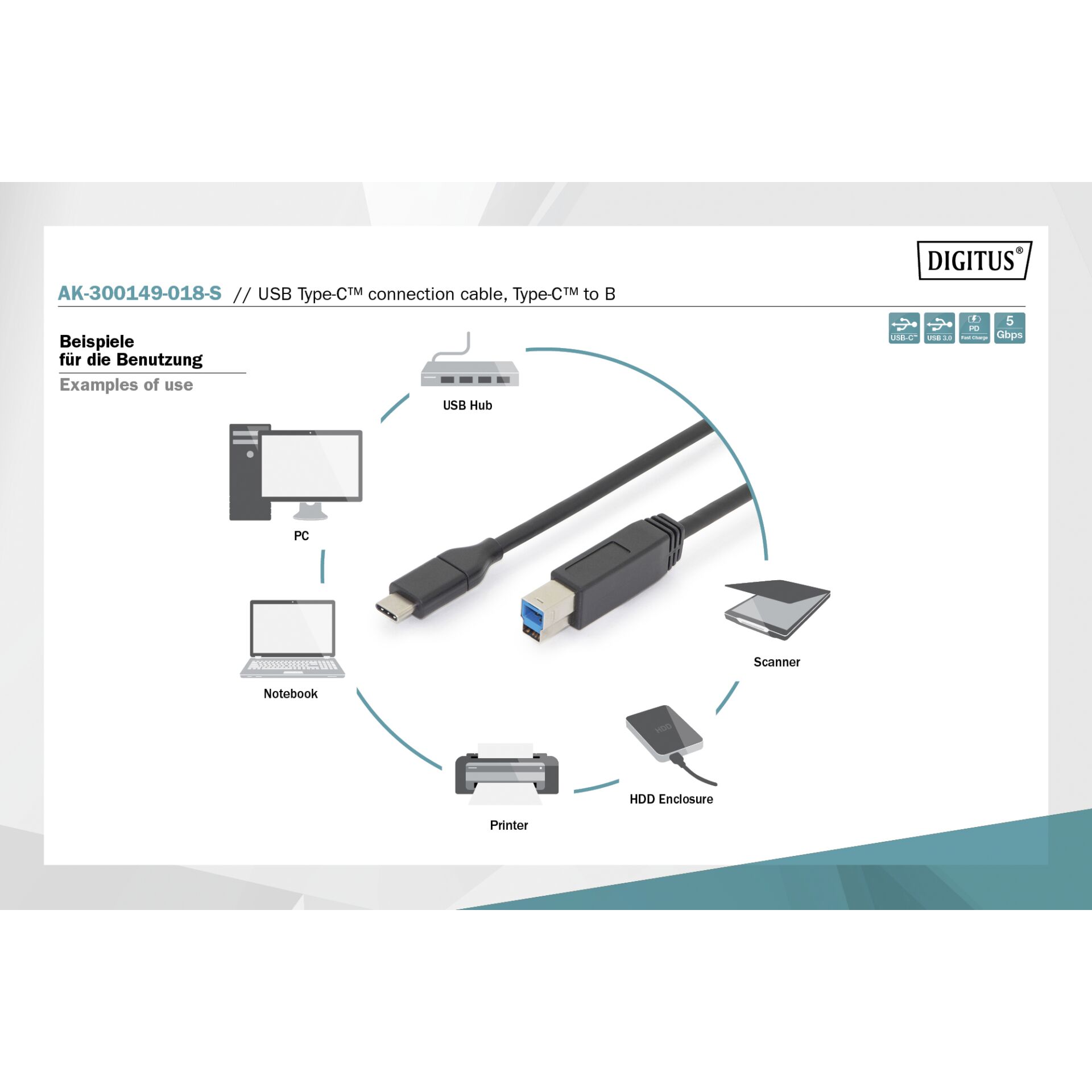 DIGITUS USB Type-C Kabel Type-C auf B