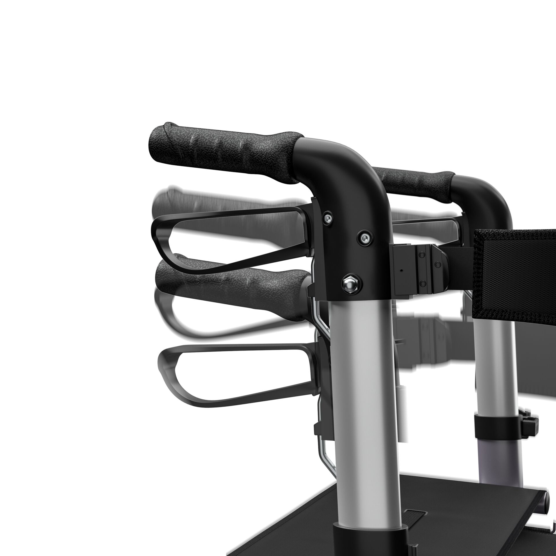 Ergonomischer Griff eines Rollators mit Armstütze und Stabilitätsunterstützung in Nahaufnahme