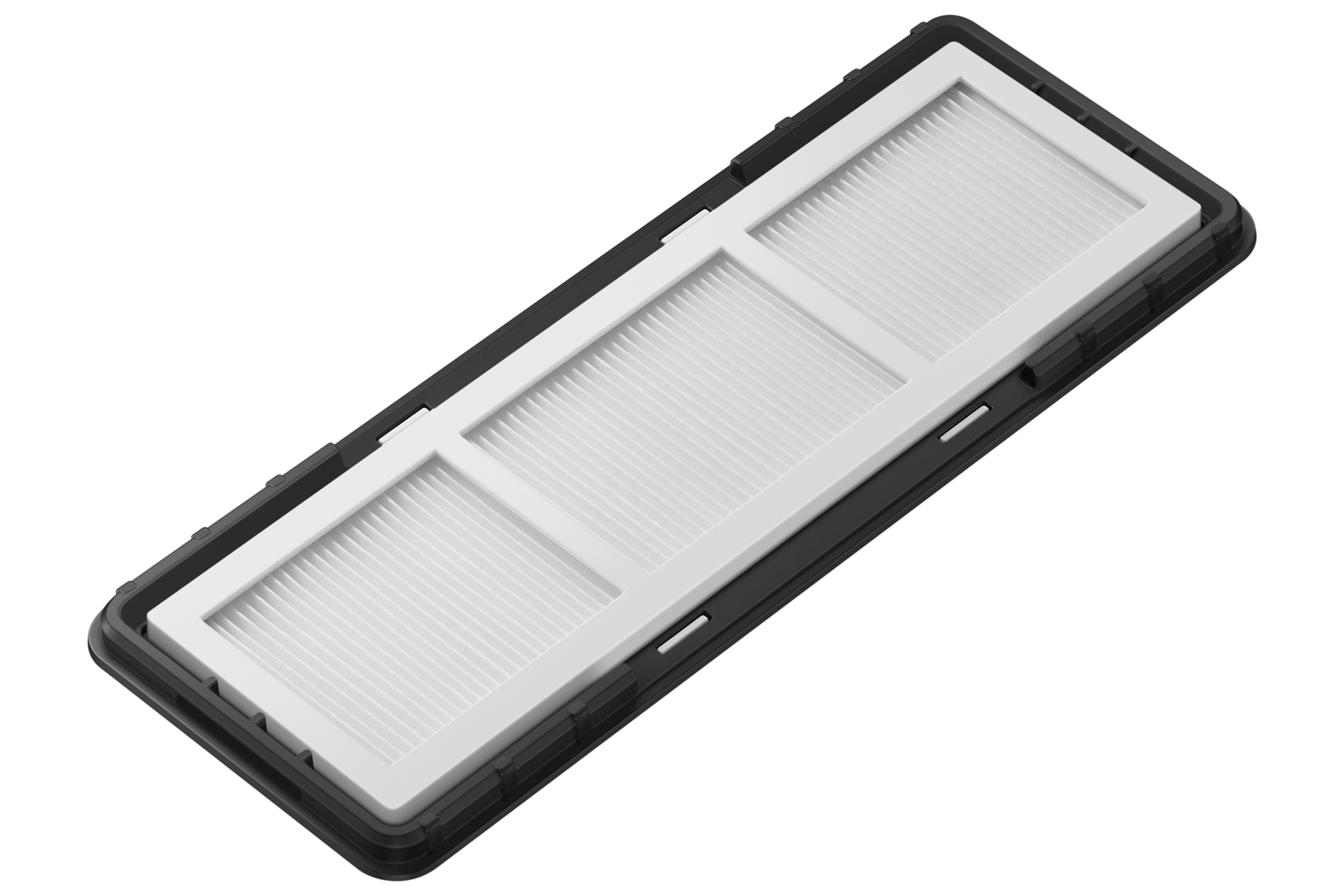 Nahaufnahme eines rechteckigen HEPA-Filters für Staubsauger in Schwarz und Weiß