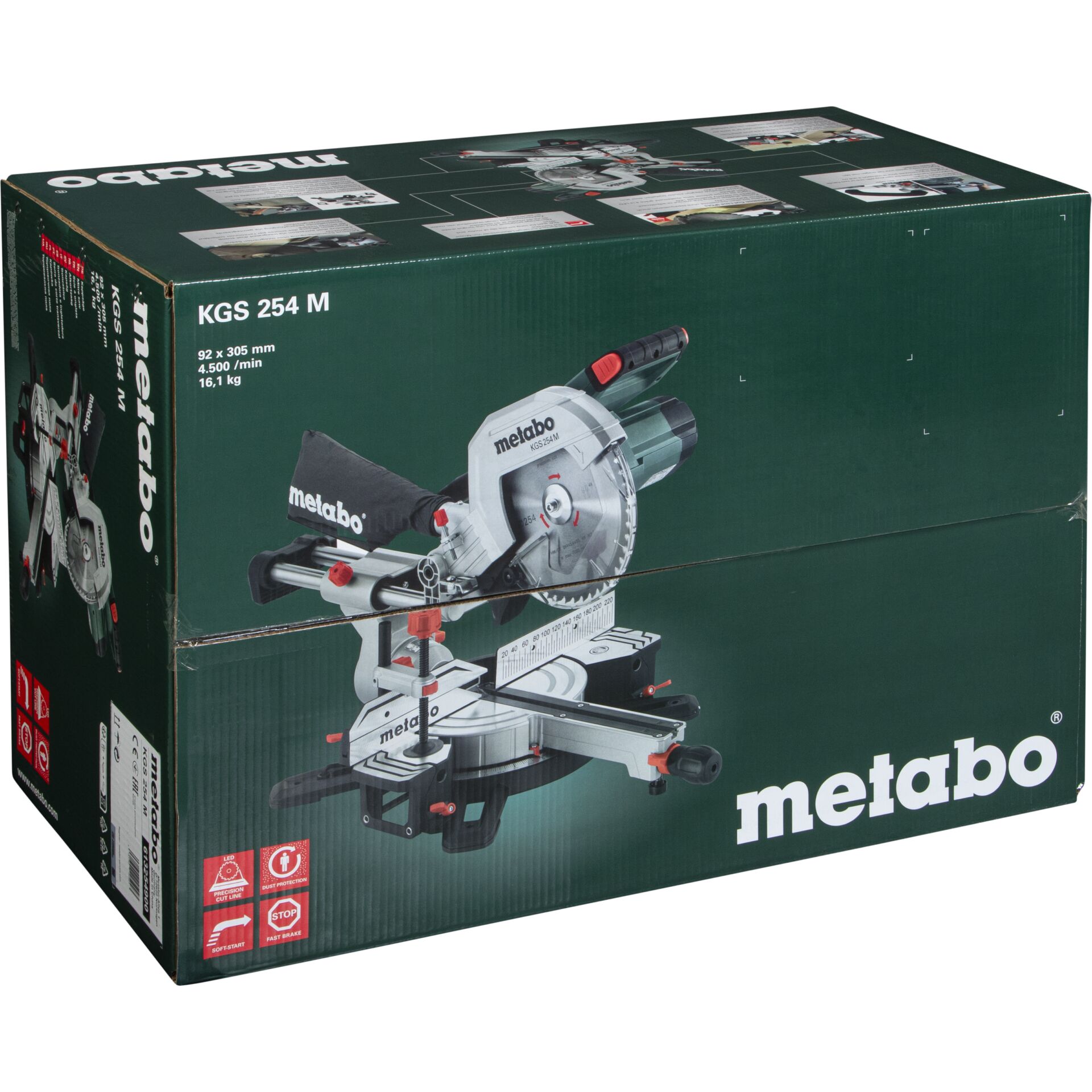 Verpackung einer Metabo KGS 254 M Gehrungssäge mit technischen Spezifikationen