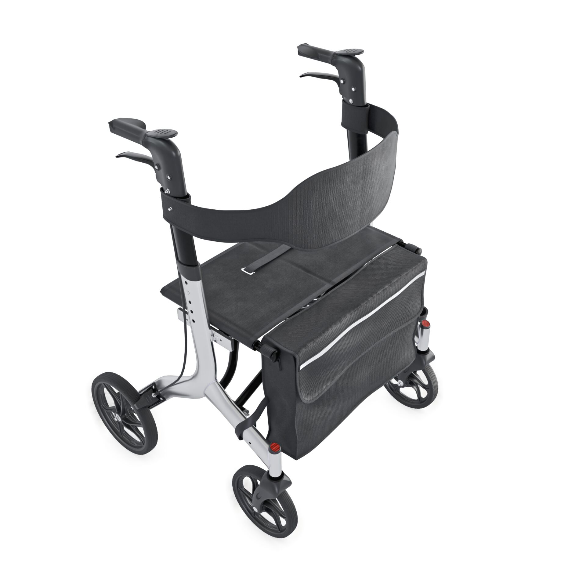 Schwarzer Rollator mit ergonomischen Griffen, Sitzfläche und geräumiger Tasche
