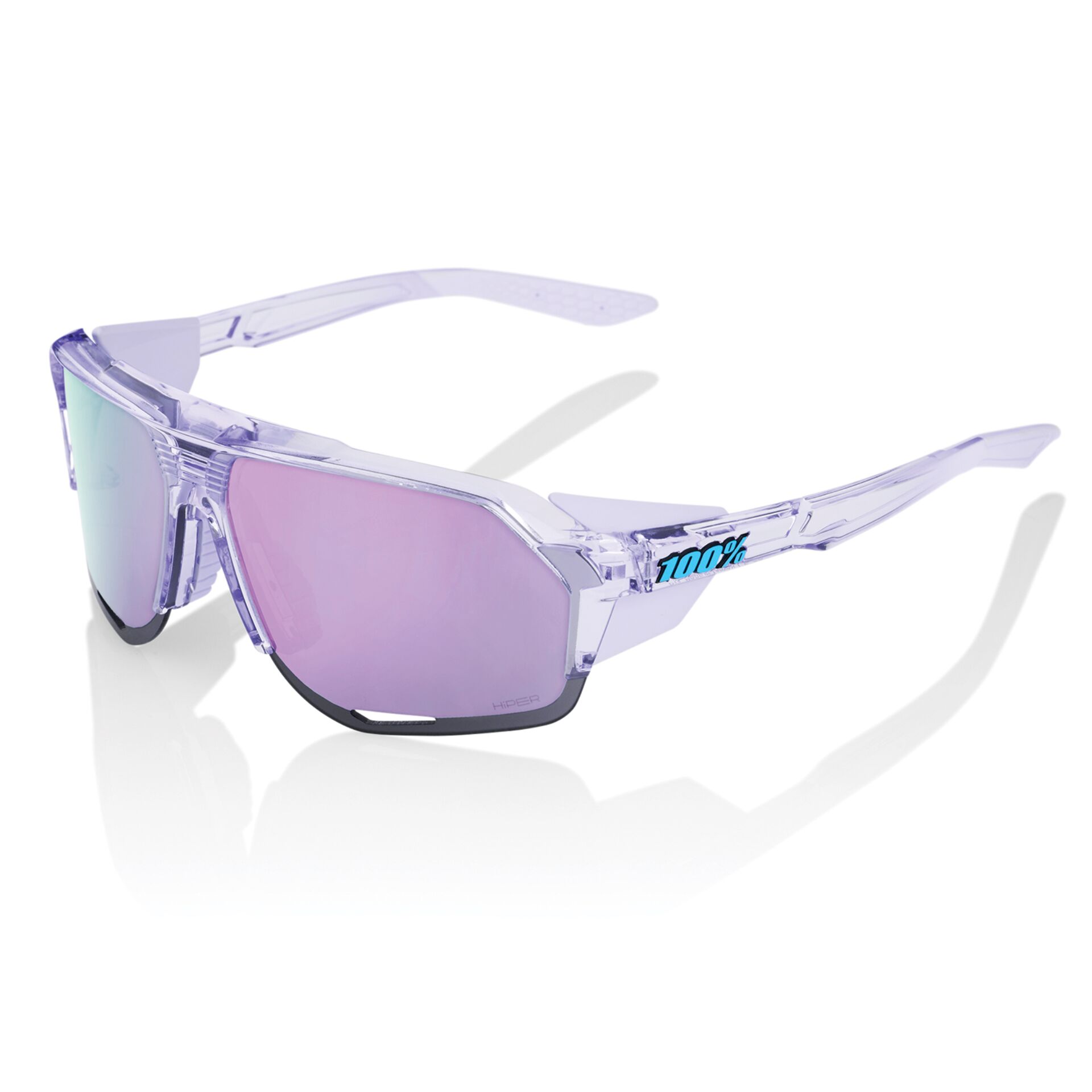Sonnenbrille mit lila getönten Gläsern und transparentem Rahmen, seitlich das Logo '100%'