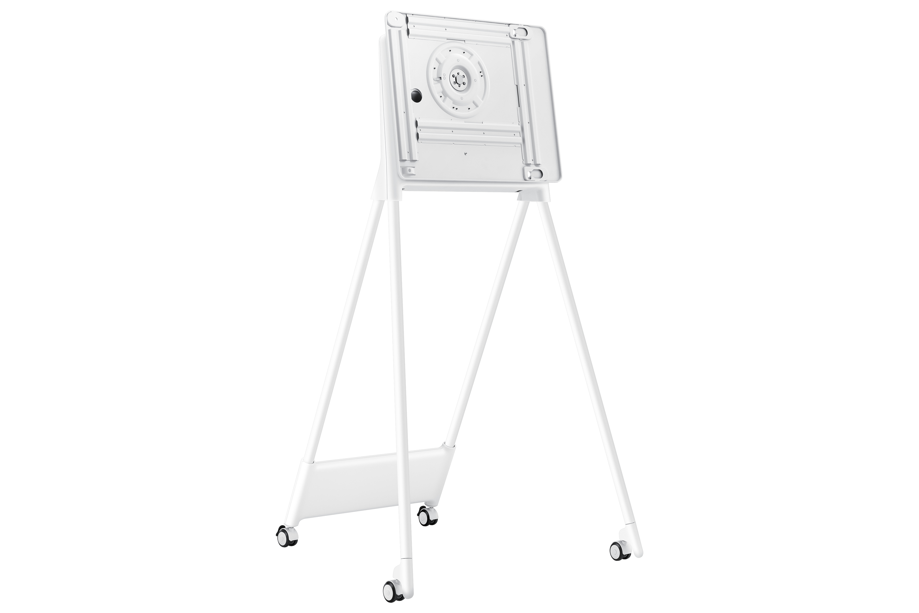 Mobiler, höhenverstellbarer Ständer für digitale Whiteboards in Weiß, ausgestattet mit Rollen für einfache Bewegung