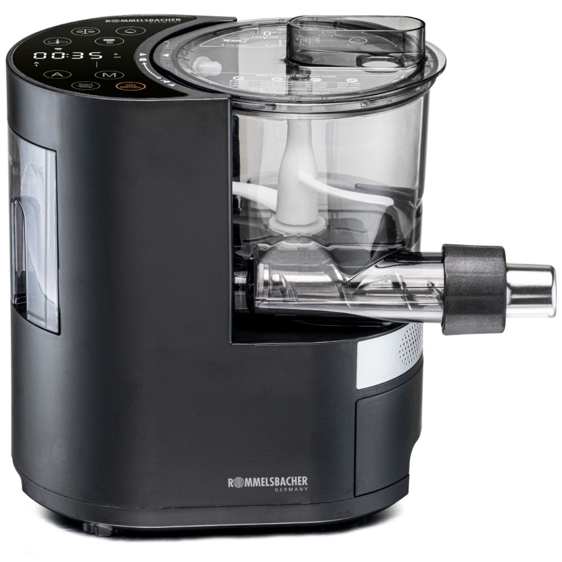 Moderne schwarze Küchenmaschine mit durchsichtigem Behälter und digitalem Display, ideal zum Zerkleinern und Mischen von Lebensmitteln.