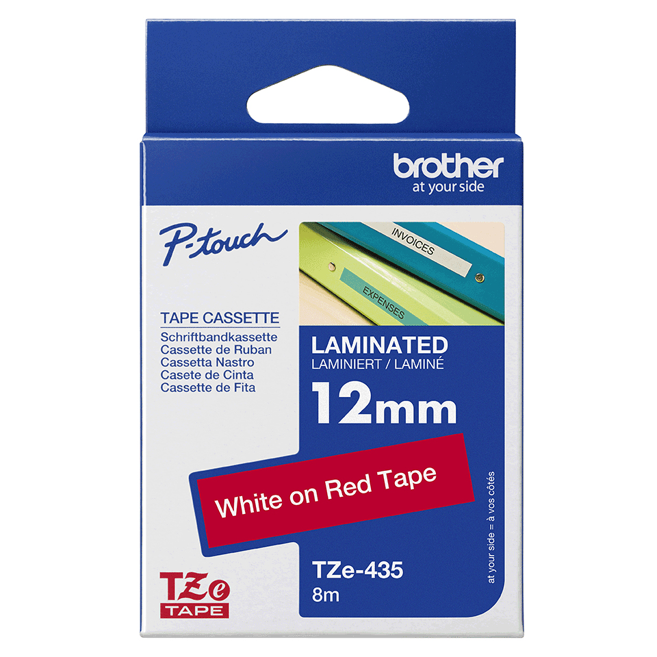 Schriftband TZe-435 (lam.) Weiß auf Rot BxL 12mm x 8m – Ansicht 4