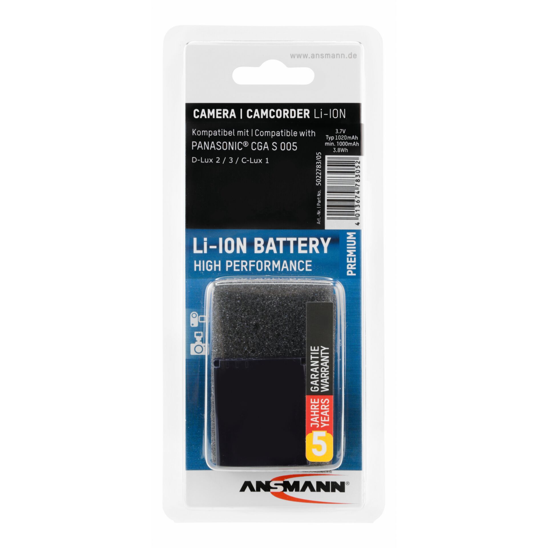 Verpackter Ansmann Li-Ion Akku, kompatibel mit Panasonic CGA S005, D-Lux 2/3, C-Lux 1, mit 5 Jahren Garantie