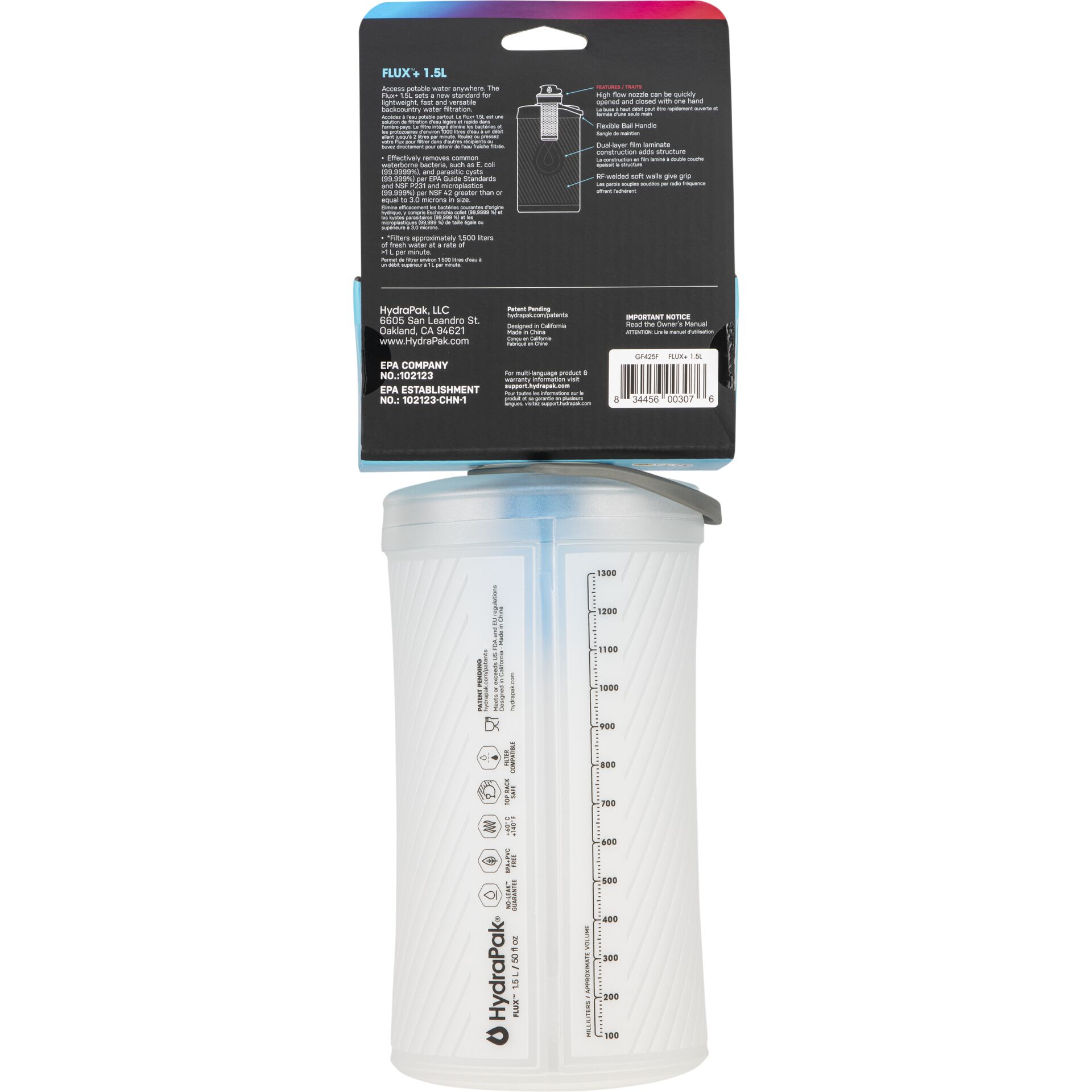 HydroPak Flux 1,5 Liter faltbare Wasserflasche mit Skala und Verpackungsetikett