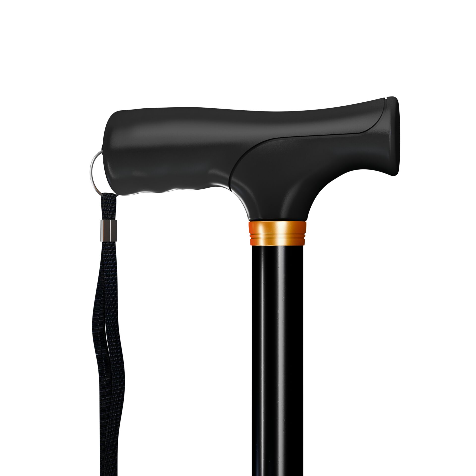 Nahaufnahme eines eleganten Spazierstocks mit schwarzem ergonomischem Griff, Trageschlaufe und verstellbarer Länge