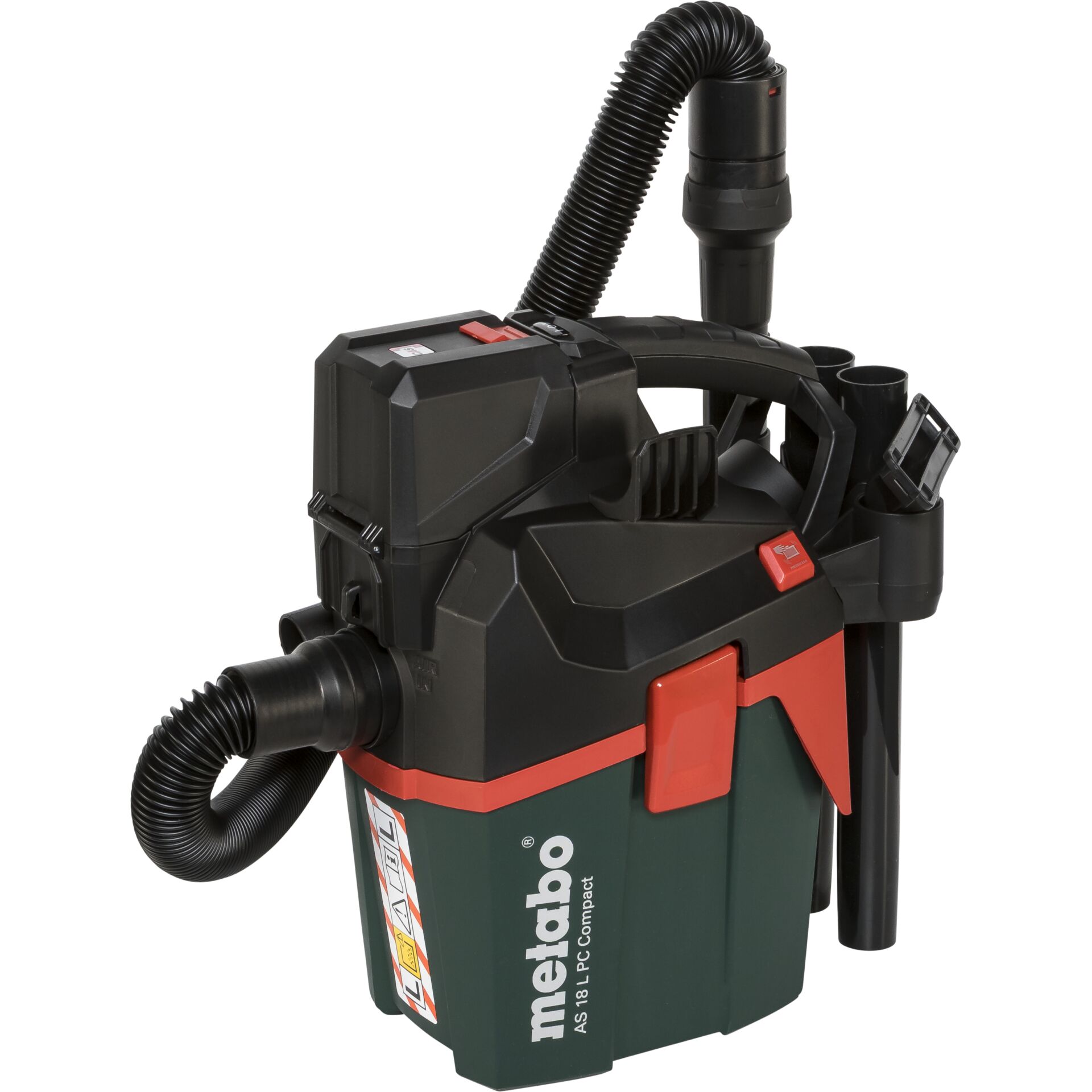 Metabo AS 18 L PC Compact Akku-Nass- und Trockensauger mit Zubehör auf weißem Hintergrund