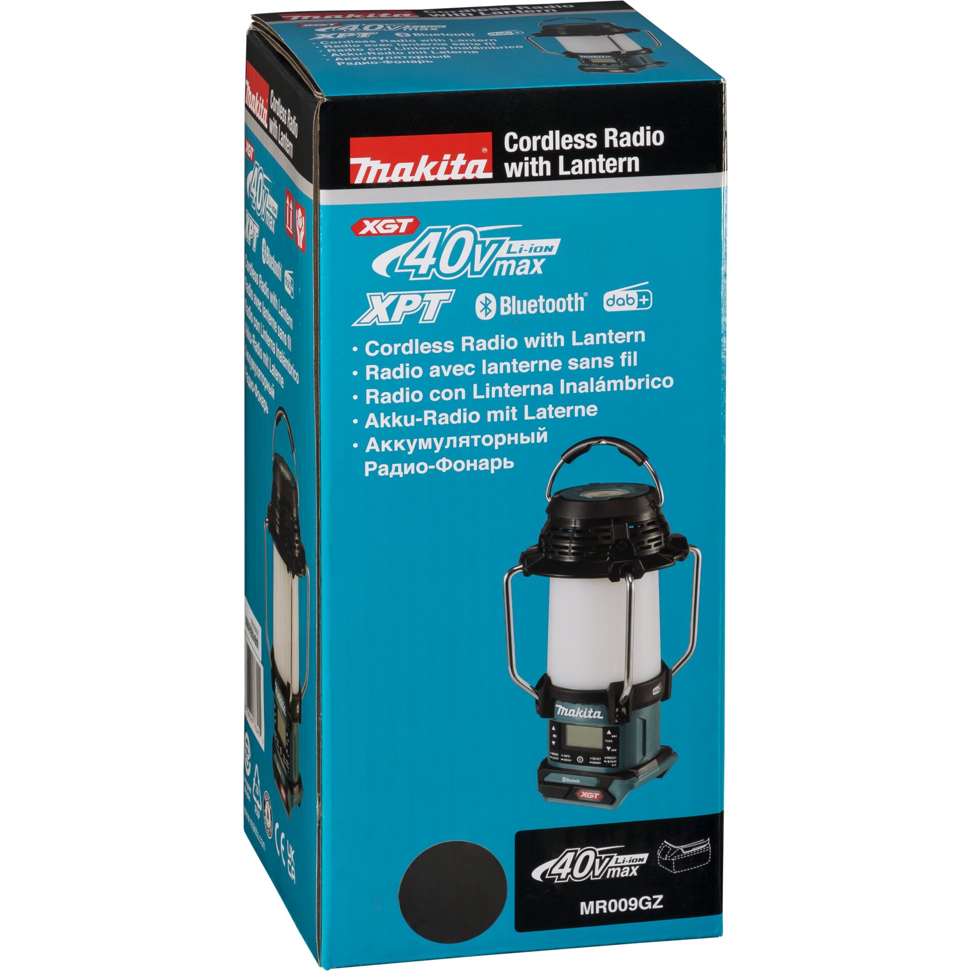 Verpackung des Makita Akku-Radios mit Laterne, Modell MR009GZ, 40V max, XGT, Bluetooth, DAB+ Funktionen