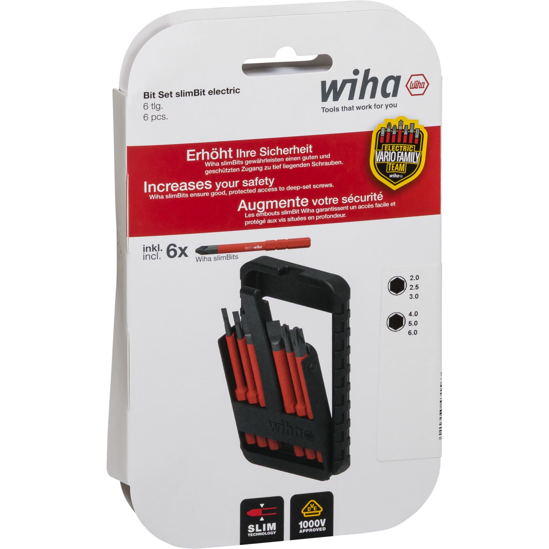 Verpackung des Wiha slimBit Electric Bit Sets mit 6 Stück, für sicheren Zugang zu tiefsitzenden Schrauben, 1000V geprüft