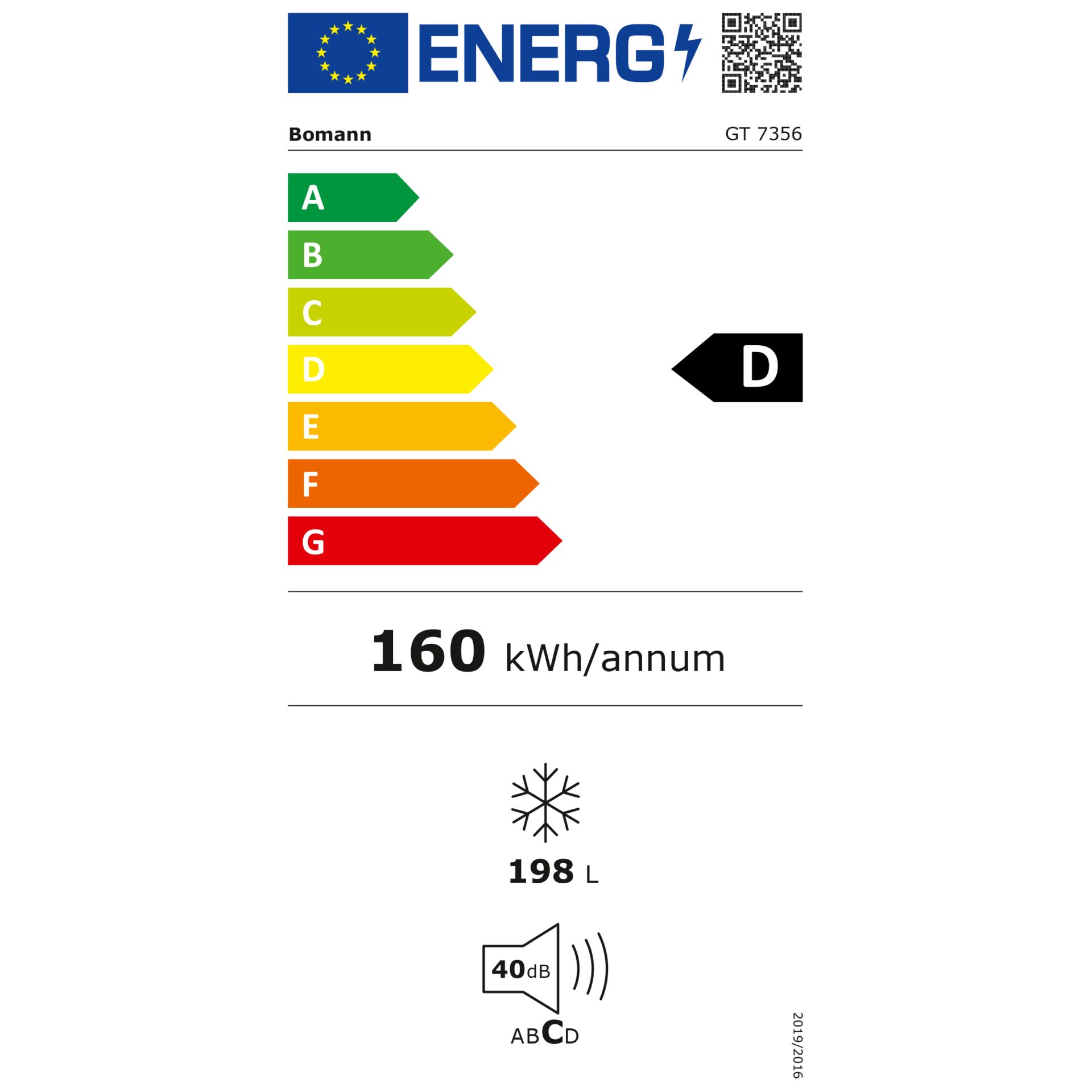 Energieetikett für Bomann Gefrierschrank mit Energieeffizienzklasse D, 160 kWh/Jahr, 198 L Volumen, 40 dB Geräuschpegel.