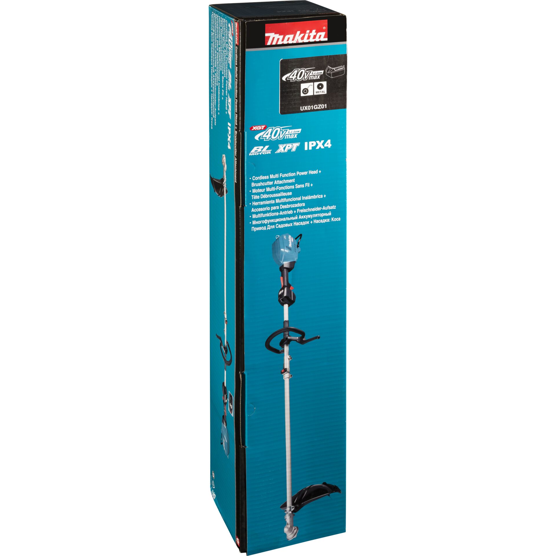 Verpackung des Makita 40V Max Akku-Rasentrimmers in blauer und schwarzer Optik