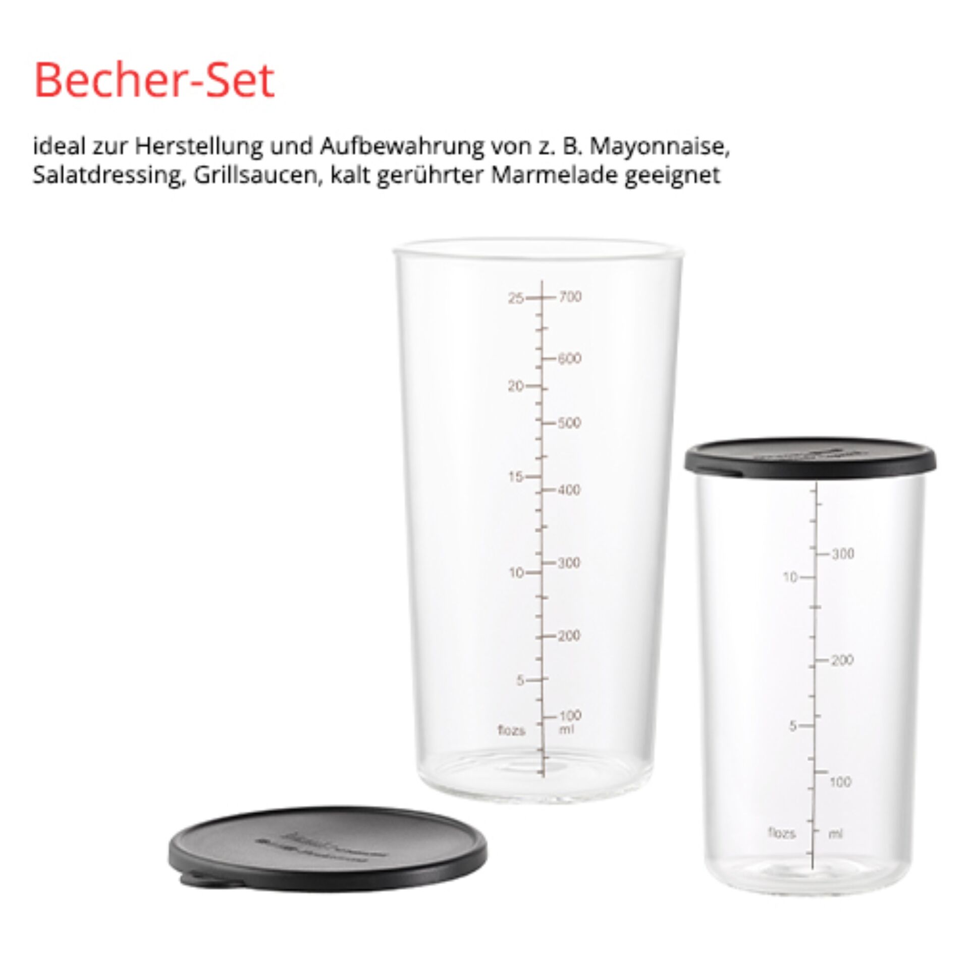 Zwei transparente Messbecher mit schwarzen Deckeln, ideal für Mayonnaise und Dressings
