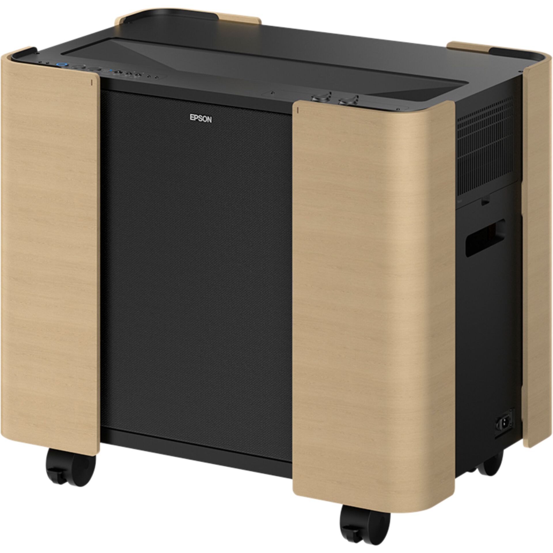 Drucker von Epson mit stilvollen Holzverkleidungen und beweglichen Rollen