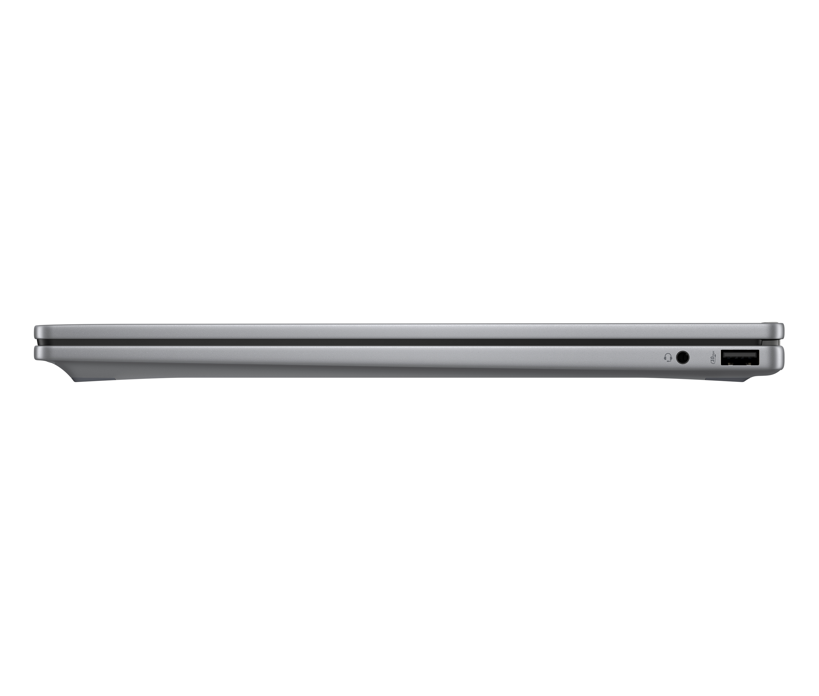 Silberner, geschlossener Laptop von der Seite mit USB-Anschluss und Audioanschluss