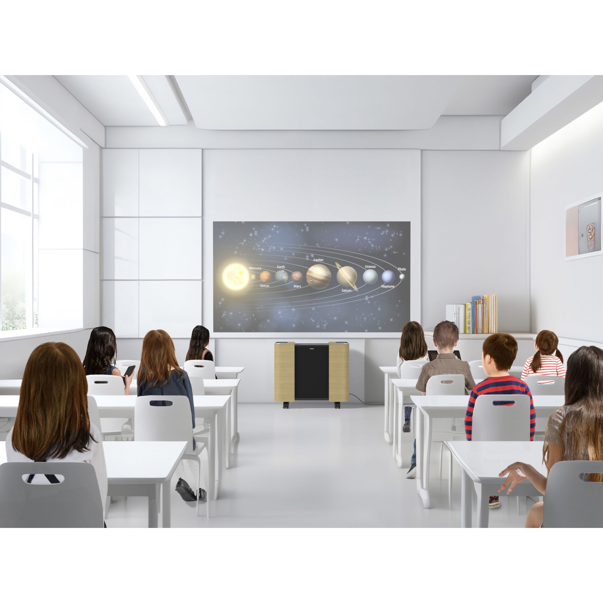 Schüler in einem modernen Klassenzimmer, die einem Unterricht über das Sonnensystem an einem interaktiven Display folgen