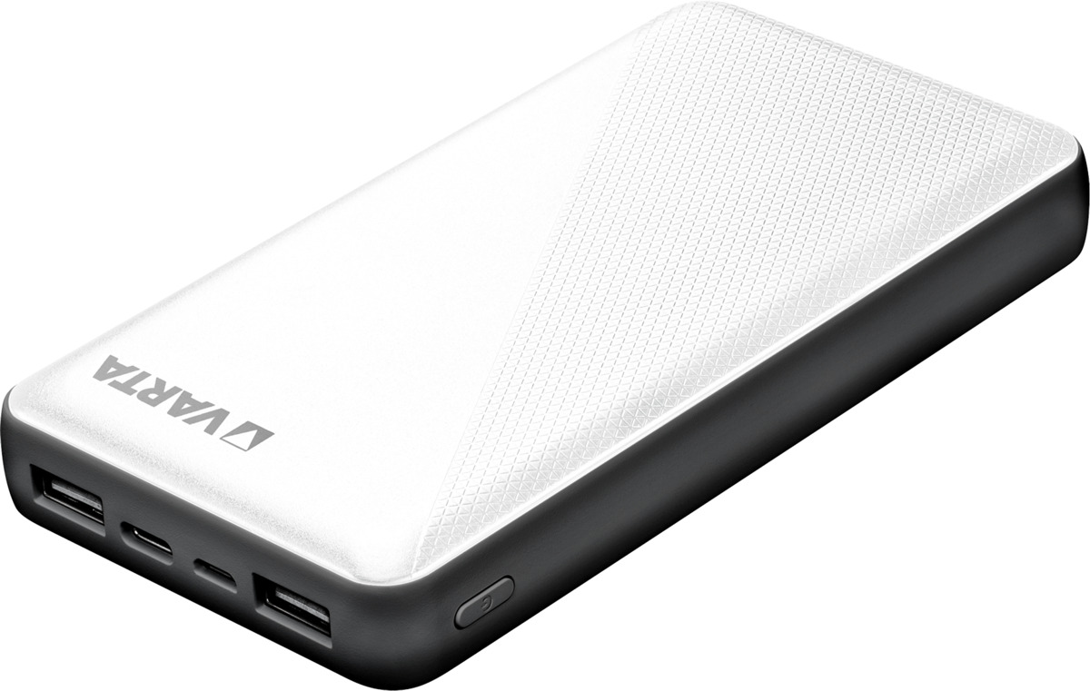 Weiße Powerbank mit mehreren USB-Anschlüssen in modernem Design